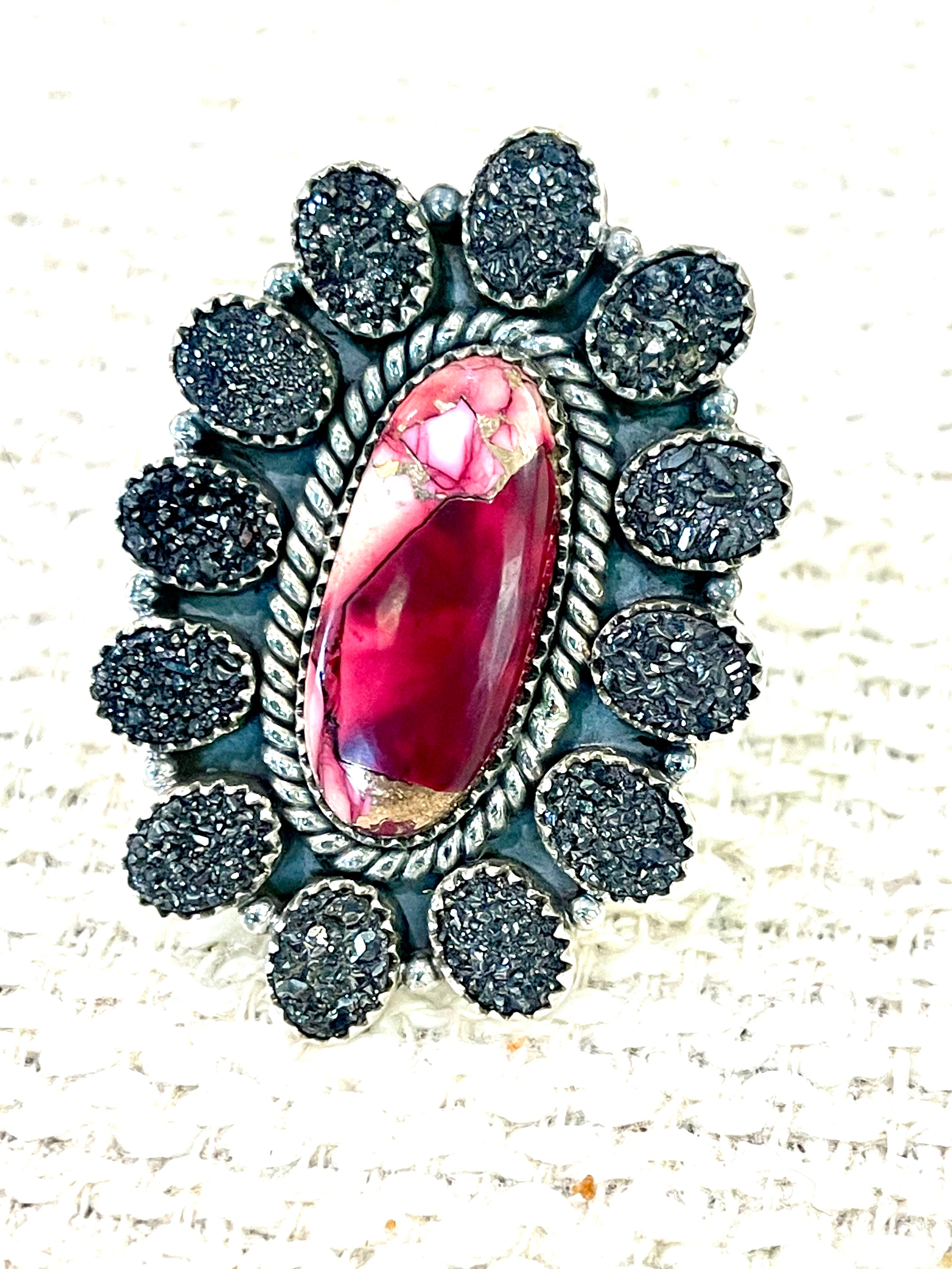 Handcrafted Sterling Silver , Dahlia Rose & Druzy Adjustable Cluster Ring