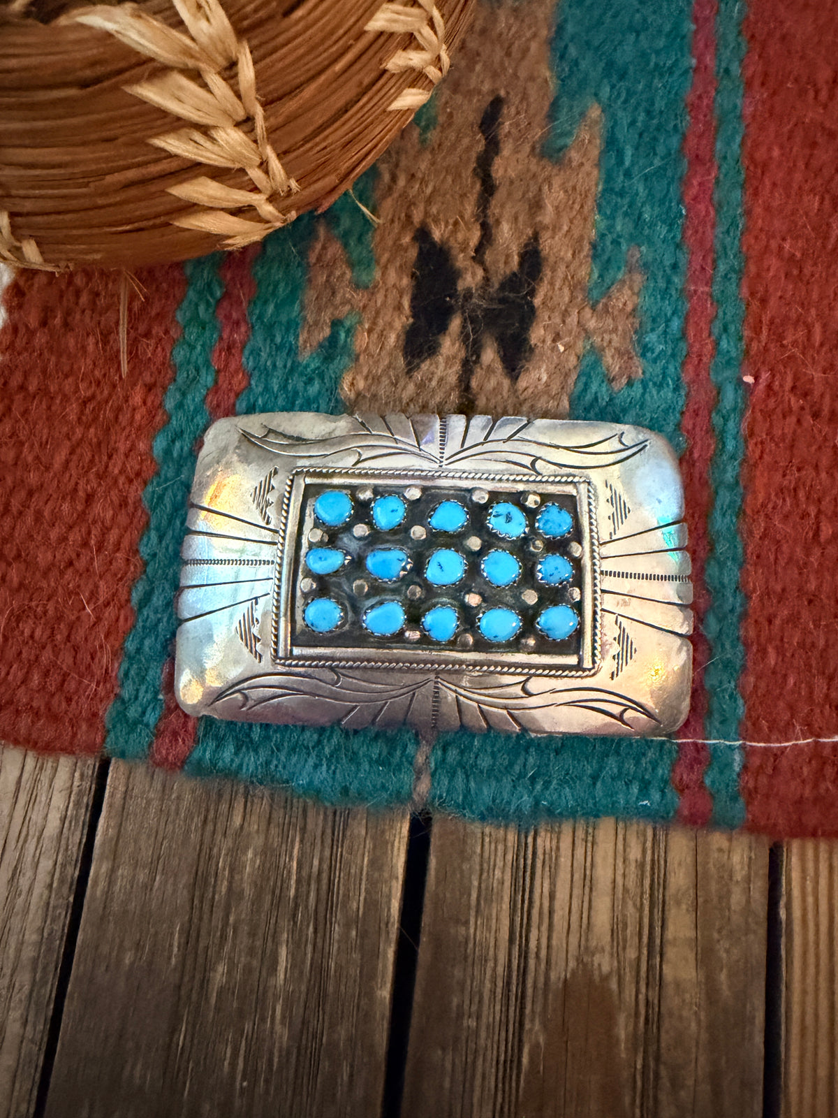 Handcrafted Vintage Old Pawn Sterling Silver & Turquoise Belt Buckle