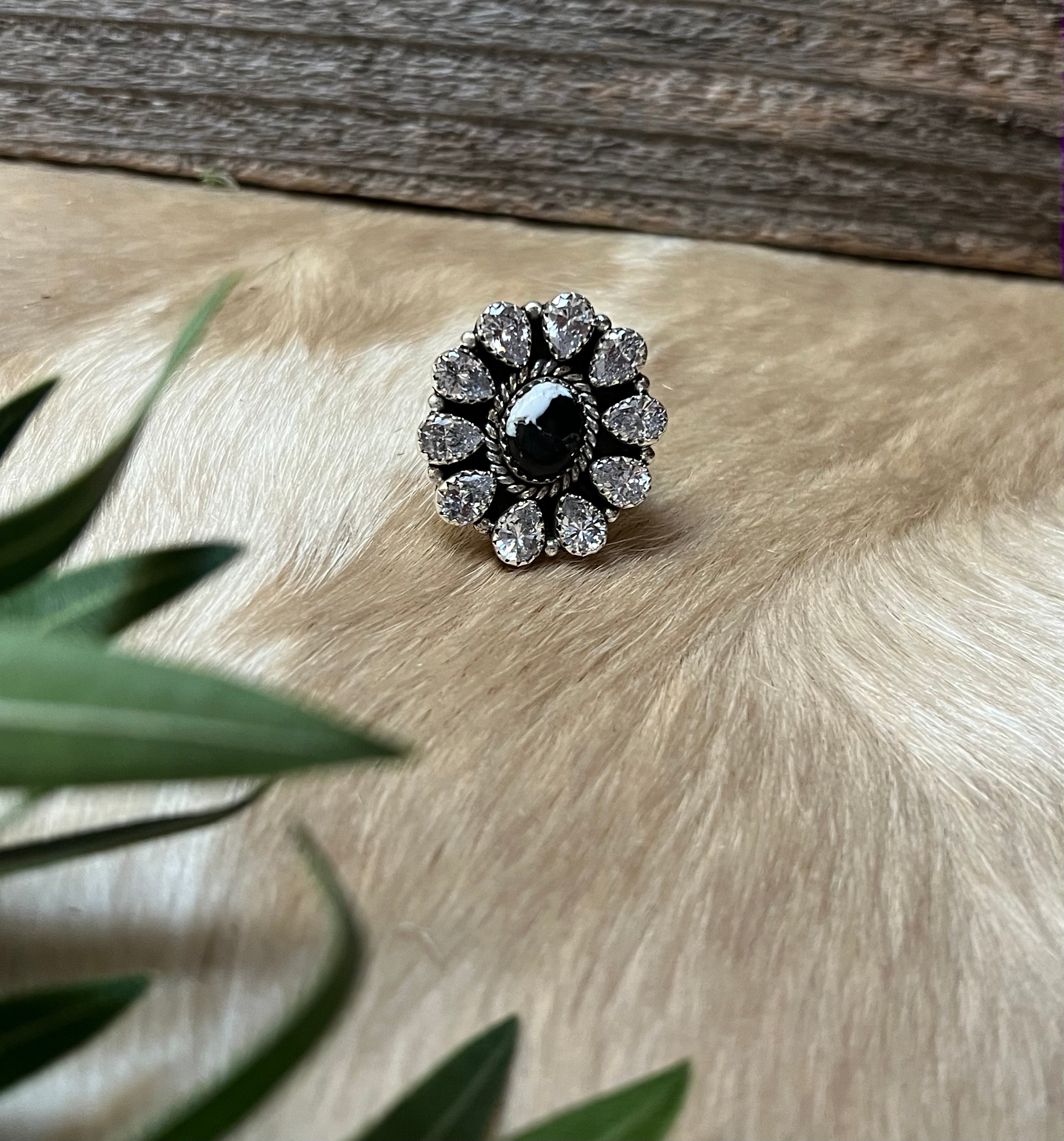Handmade White Buffalo & CZ Sterling Silver Adjustable Ring