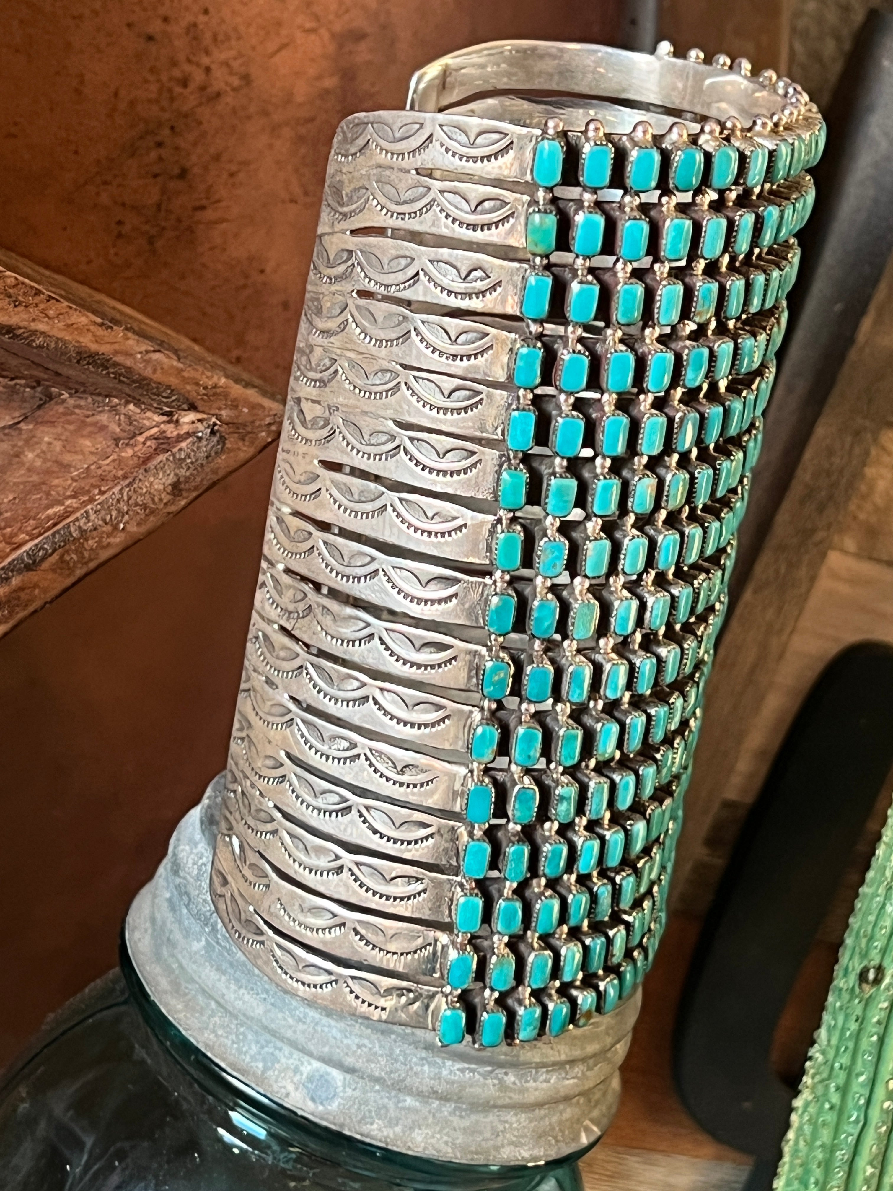 Handcrafted Epic Made 15 Row Sterling Silver and Turquoise Gauntlet Style Cuff Bracelet /