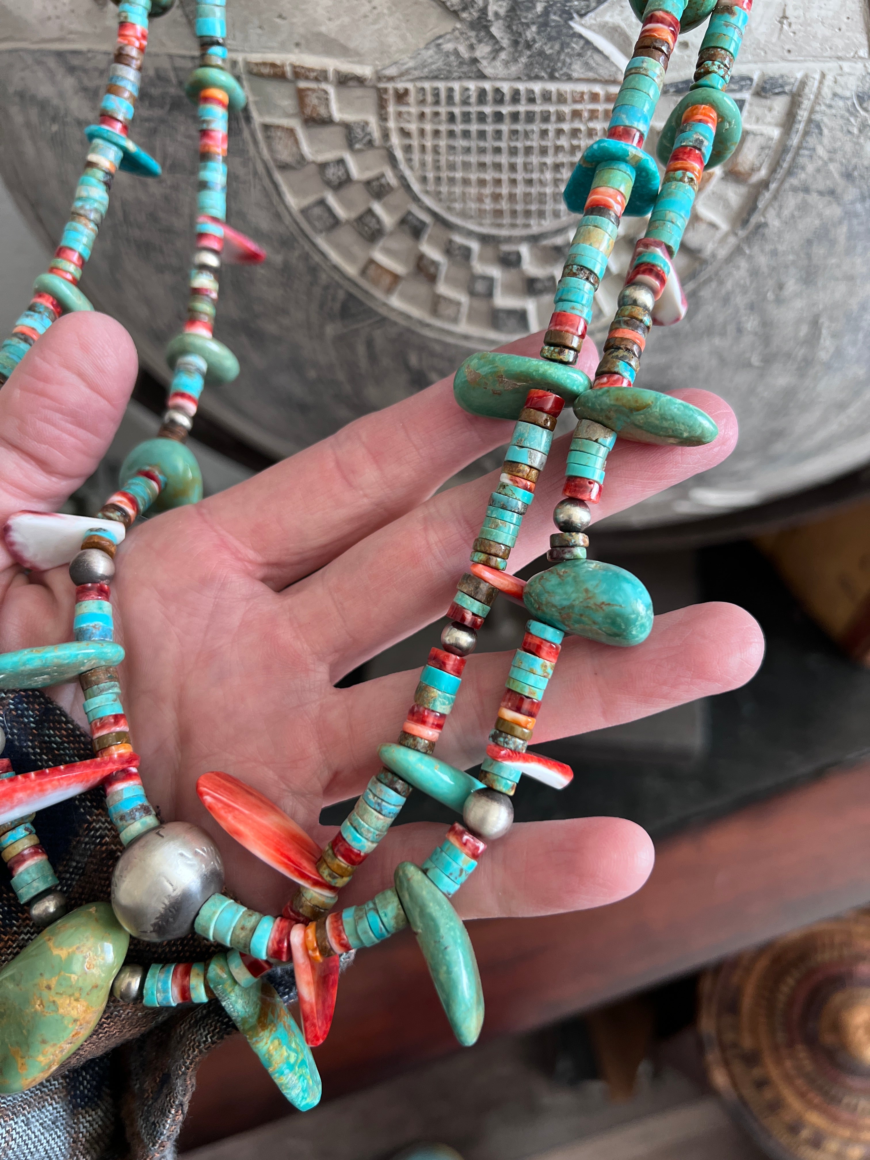 Stunning Handcrafted Double Strand Sterling Silver, Turquoise and Spiny Oyster Beaded Tab Necklace by Daniel Coriz