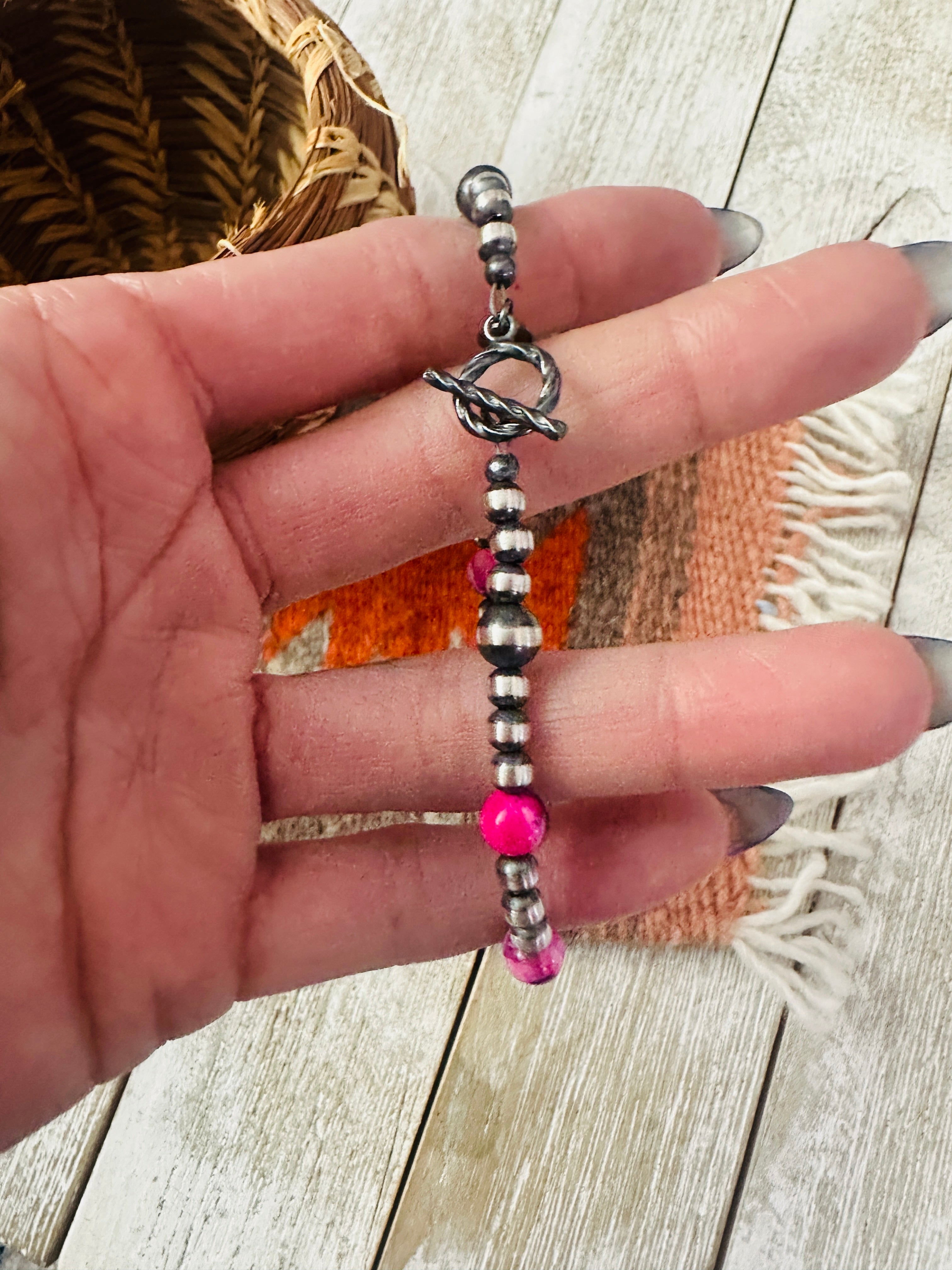 Handcrafted Pink Mojave and Sterling Silver Pearl Beaded Bracelet