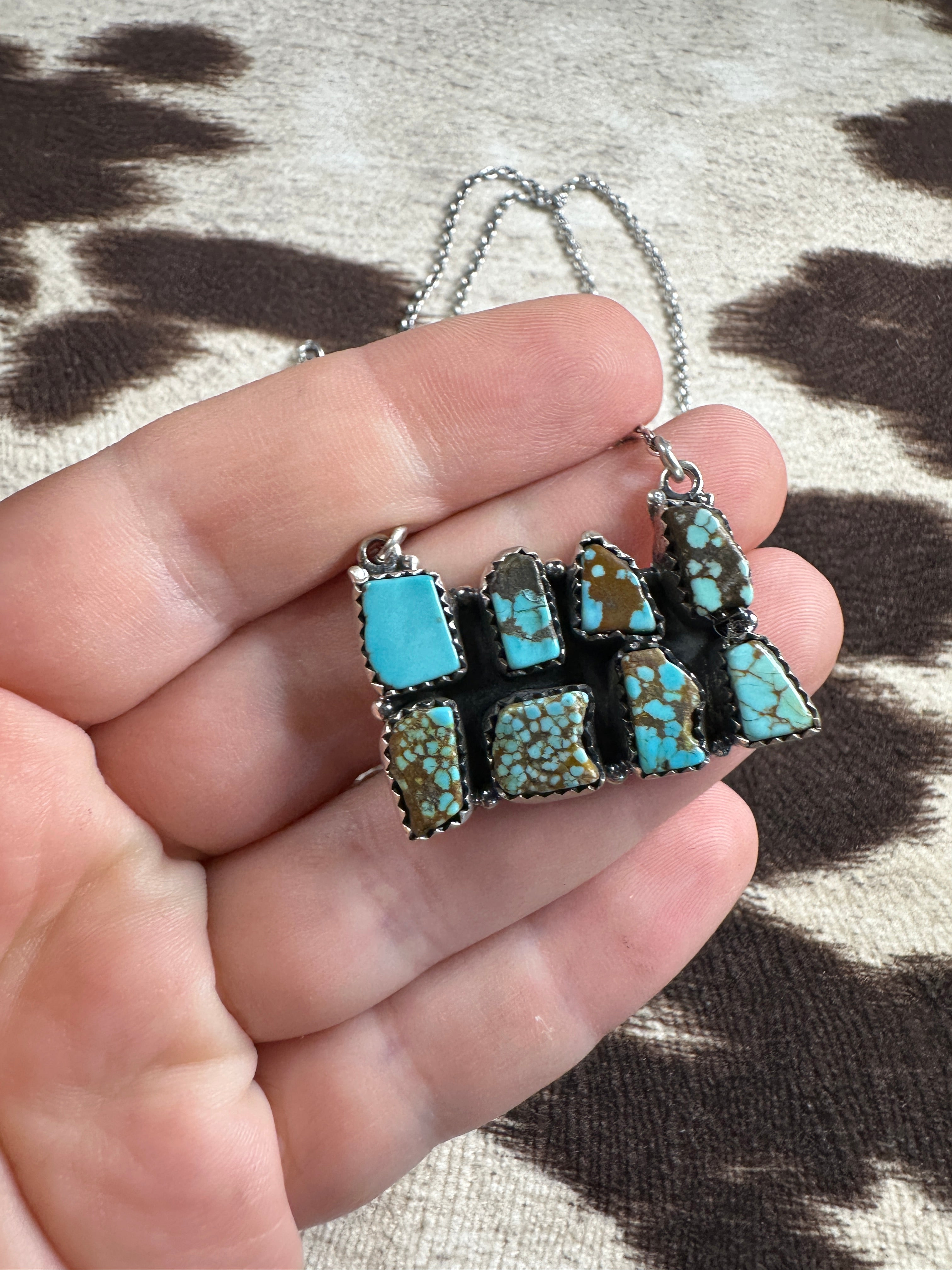 Handmade Number 8 Turquoise & Sterling Silver Cluster Bar Necklace