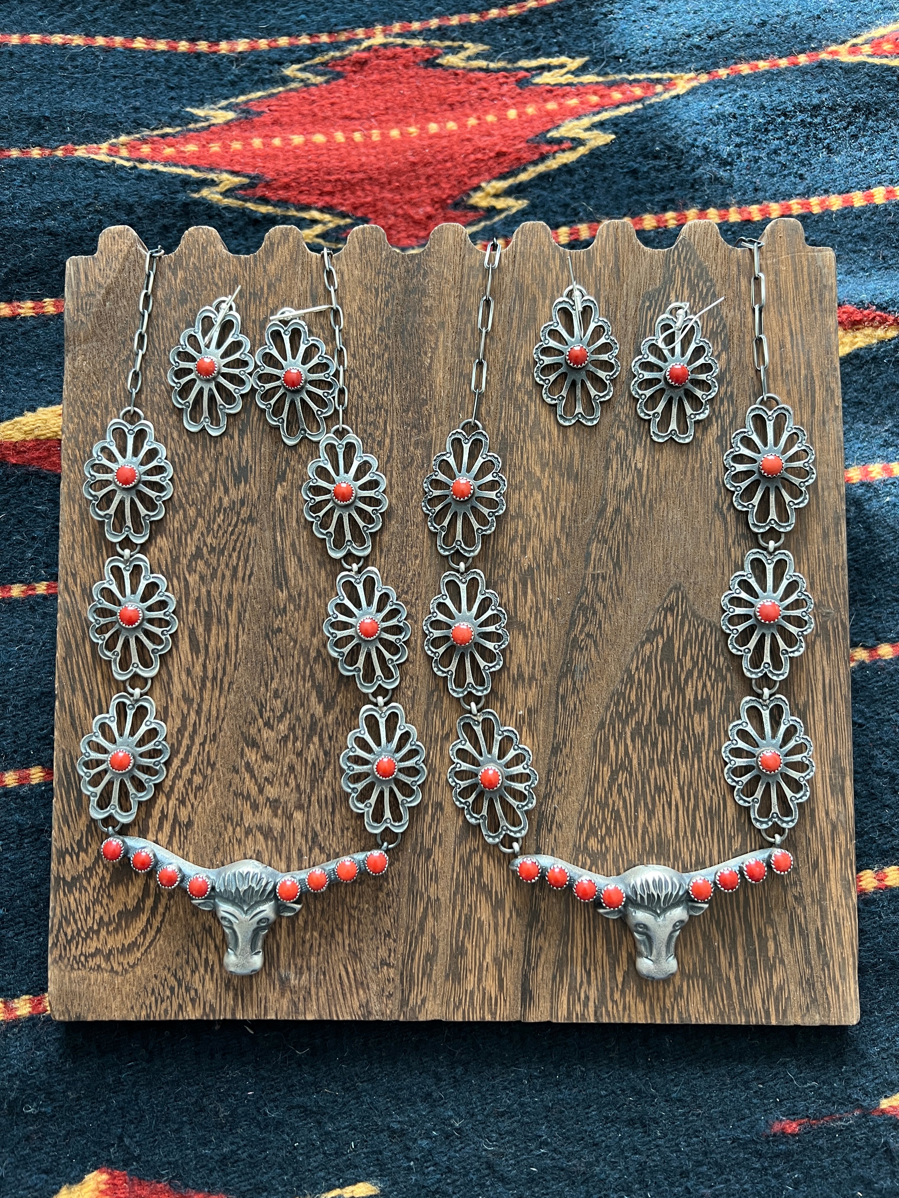 Handcrafted Sterling Silver and Mediterranean Coral Steer Head Concho Necklace & Earrings by Kevin Billah