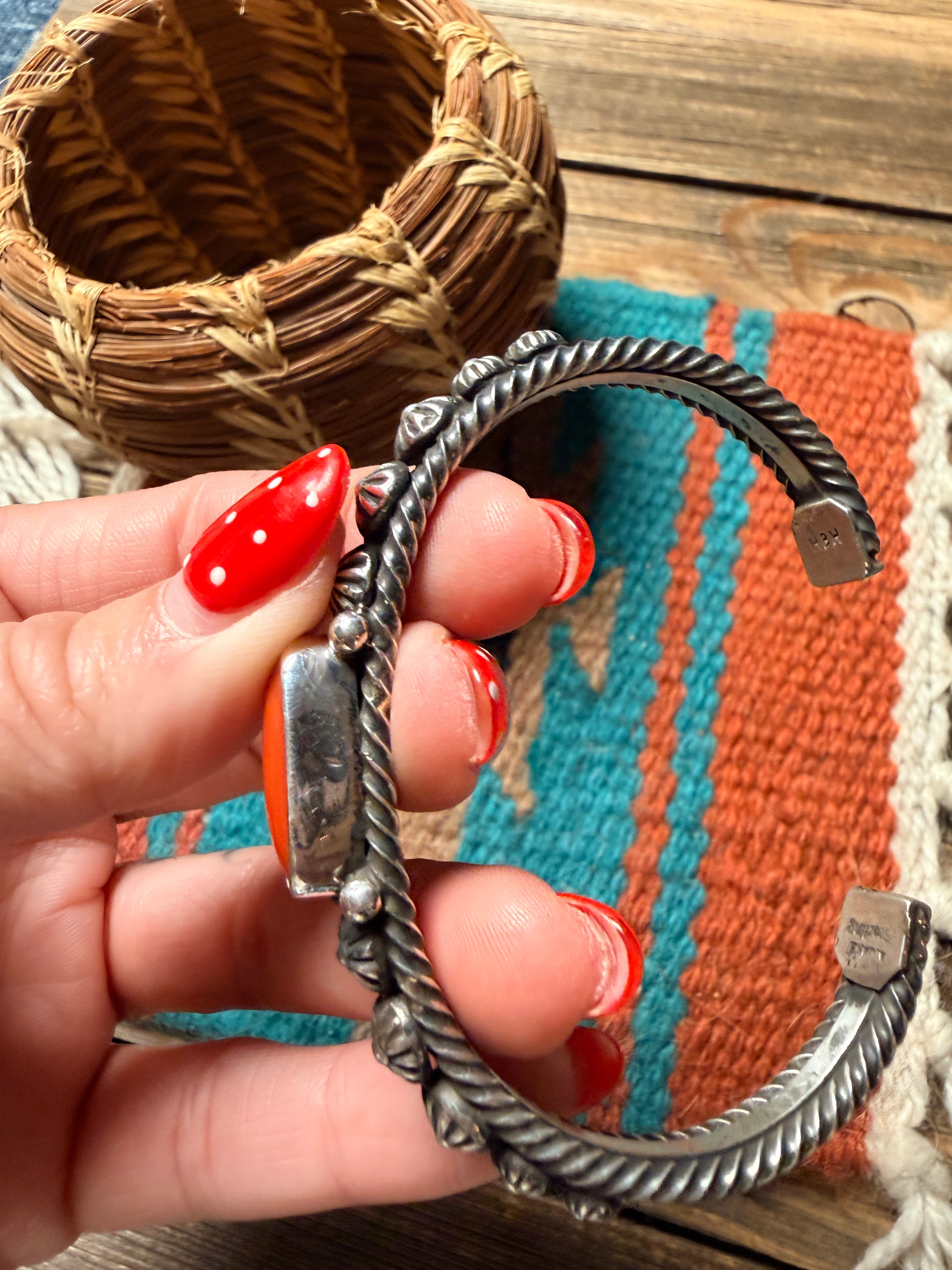 Handcrafted Sterling Silver and Coral Cuff Bracelet by Albert Jake