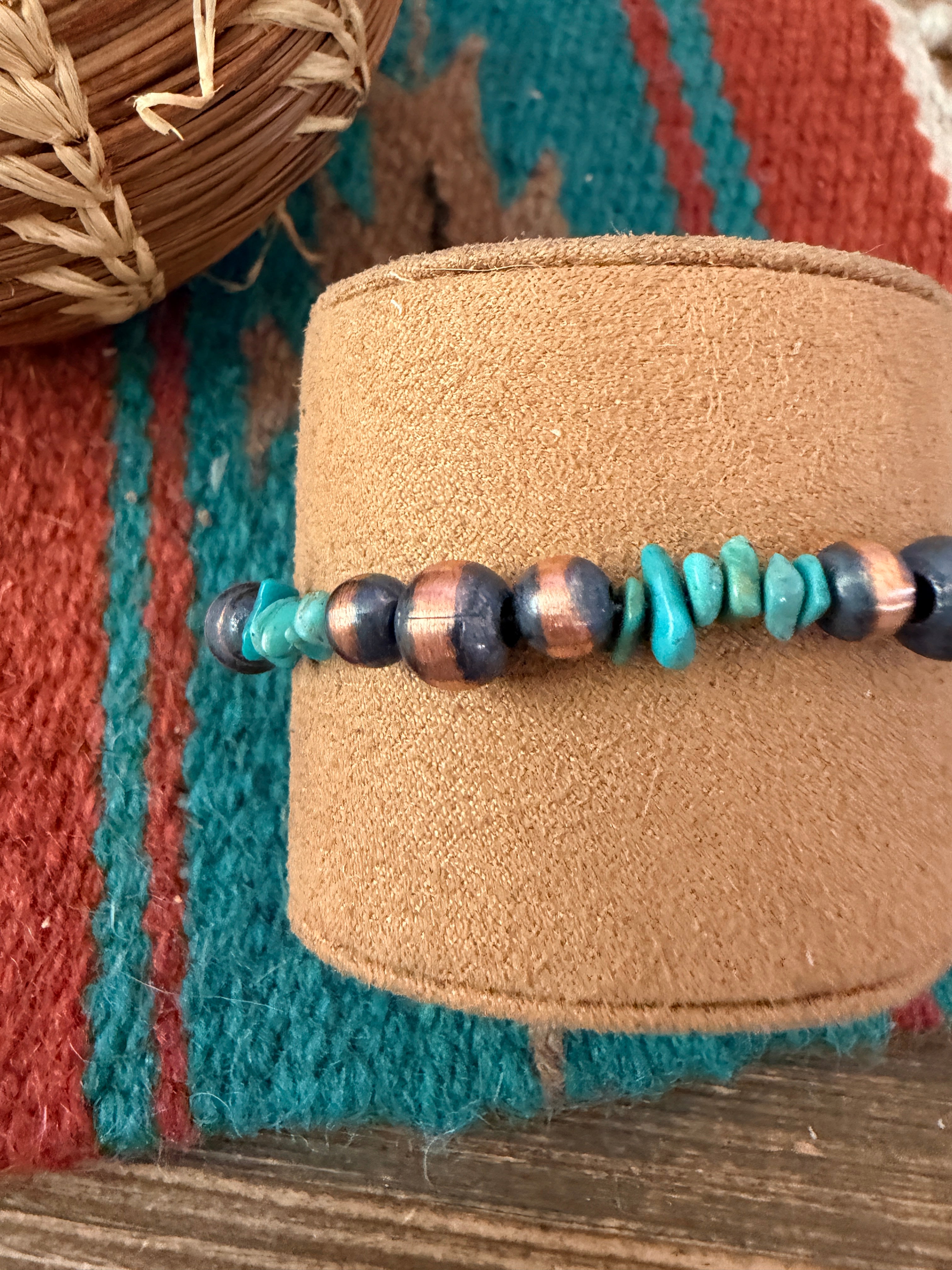 Handcrafted Turquoise & Copper Beaded Bracelet 7.5”