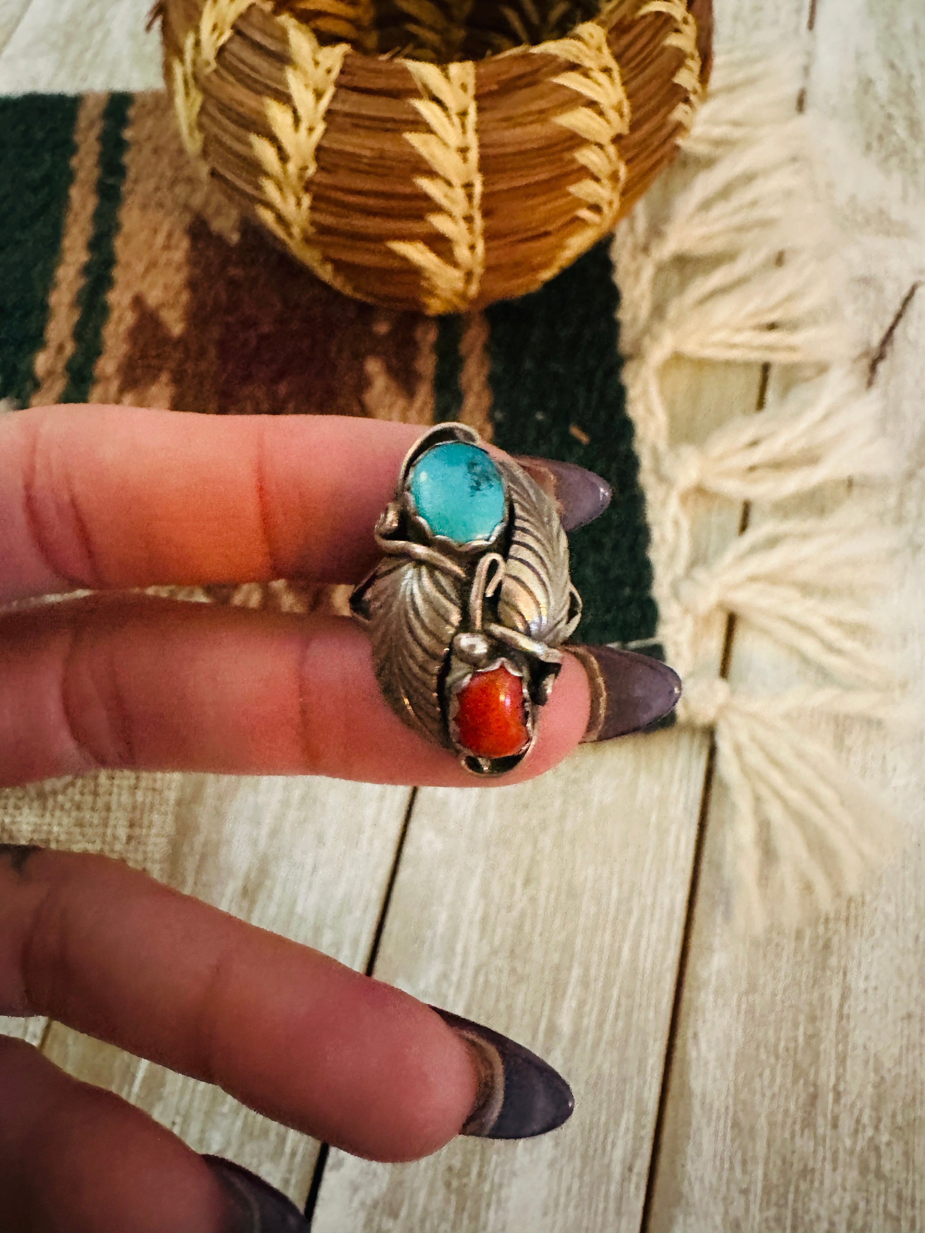 Old Pawn Handcrafted Turquoise, Coral & Sterling Silver Ring Size 7