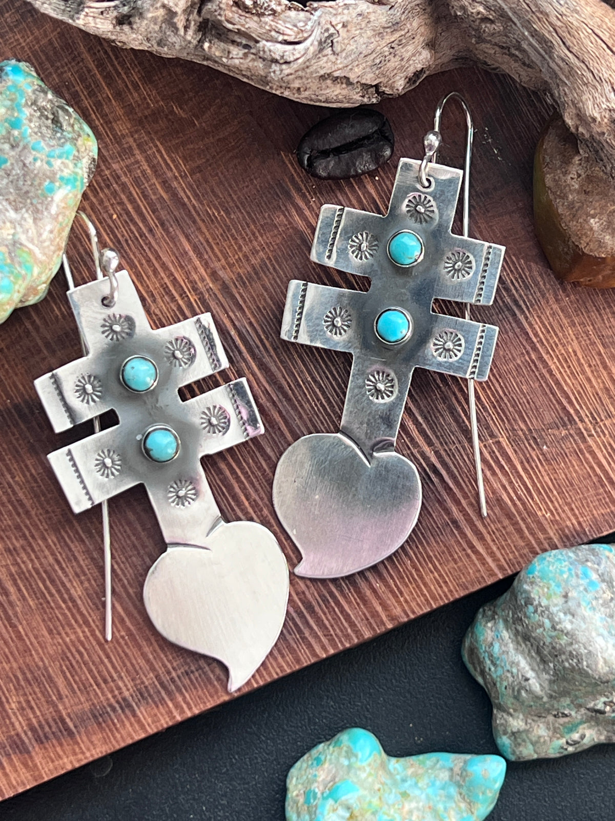 Hand Stamped Sterling Silver Dragonfly Cross Heart Dangle Earrings with Kingman Turquoise by Kimari Somers, Squared Bars