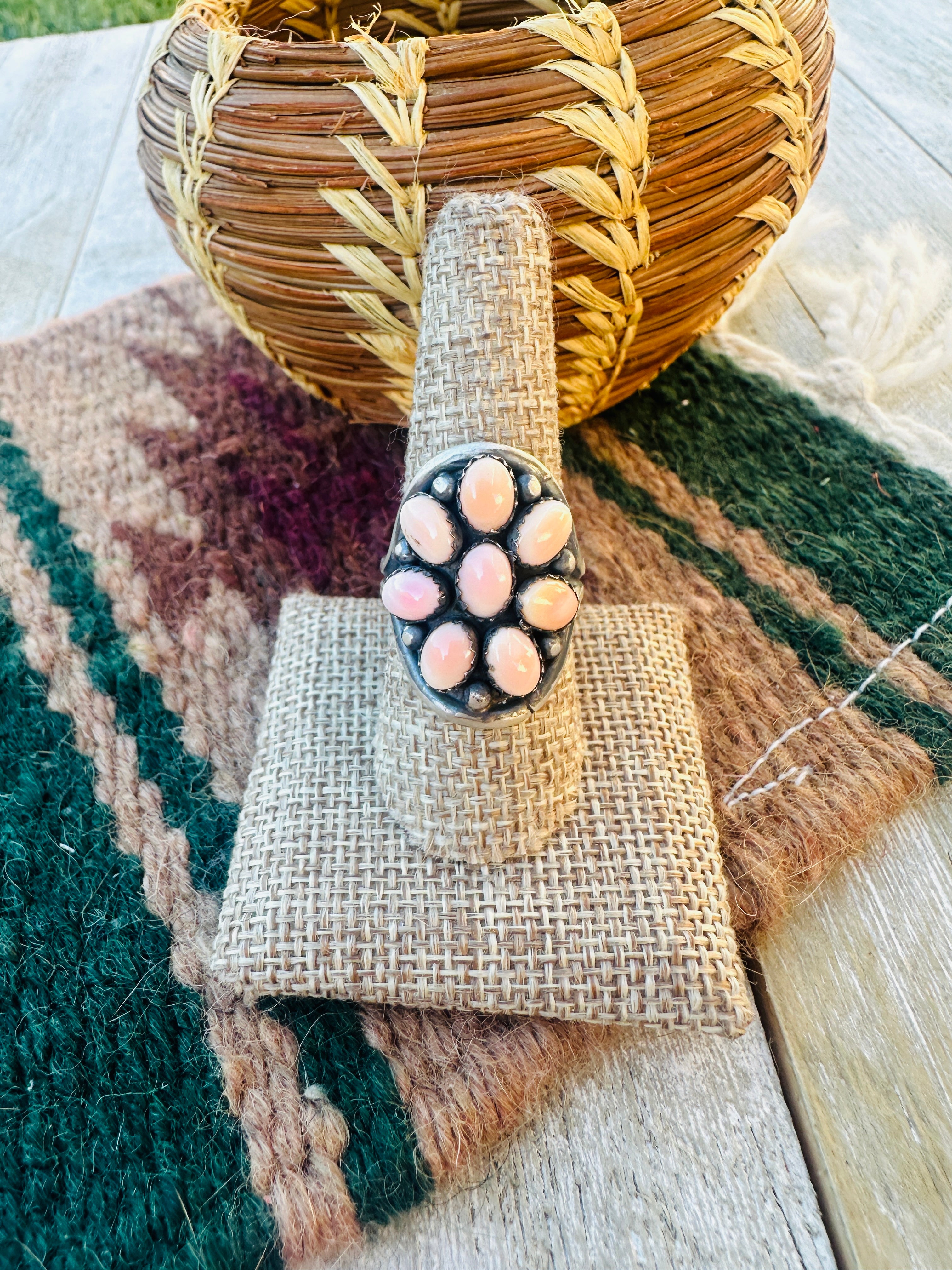 Handcrafted Queen Pink Conch & Sterling Silver Cluster Ring Size 9