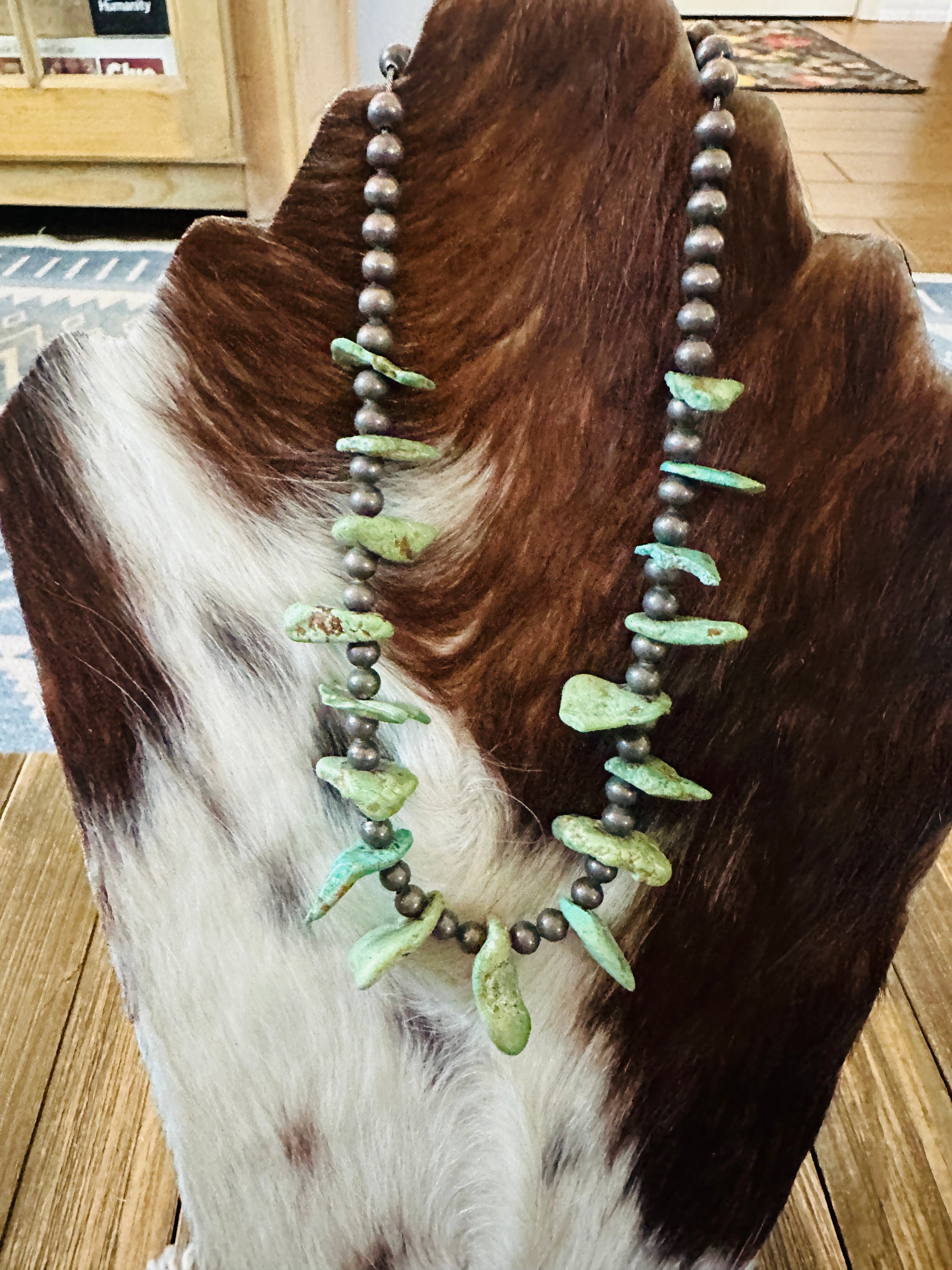 Old Pawn Handcrafted Turquoise & Sterling Silver Beaded 16” Necklace