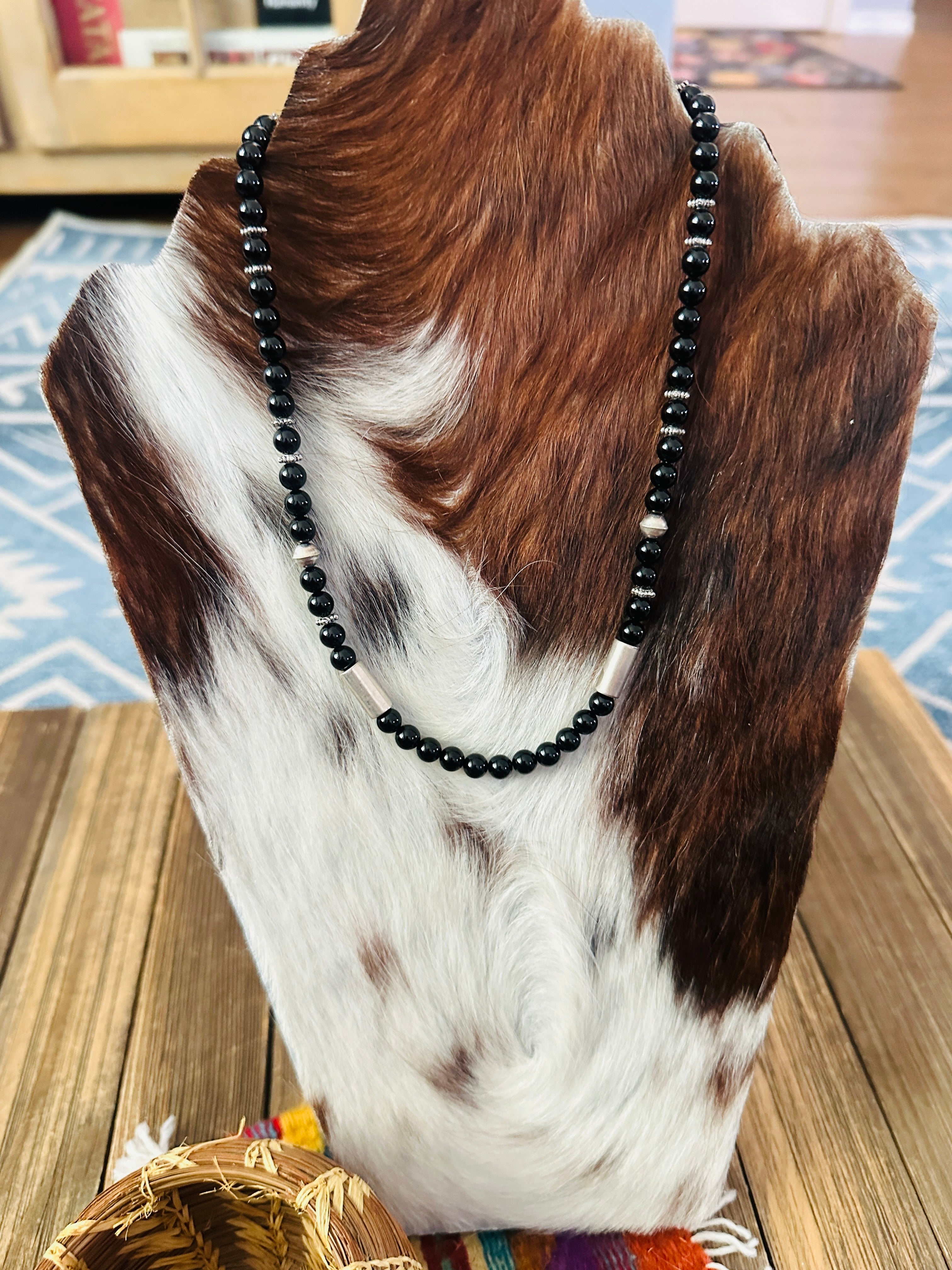 Handcrafted Black Onyx & Sterling Silver Beaded 18” Necklace by T & R Singer