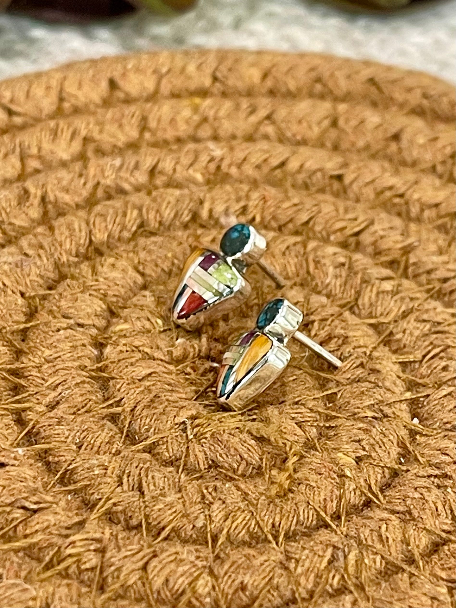 Beautiful Handmade Sterling Silver & Multi Stone Inlay Post Earrings