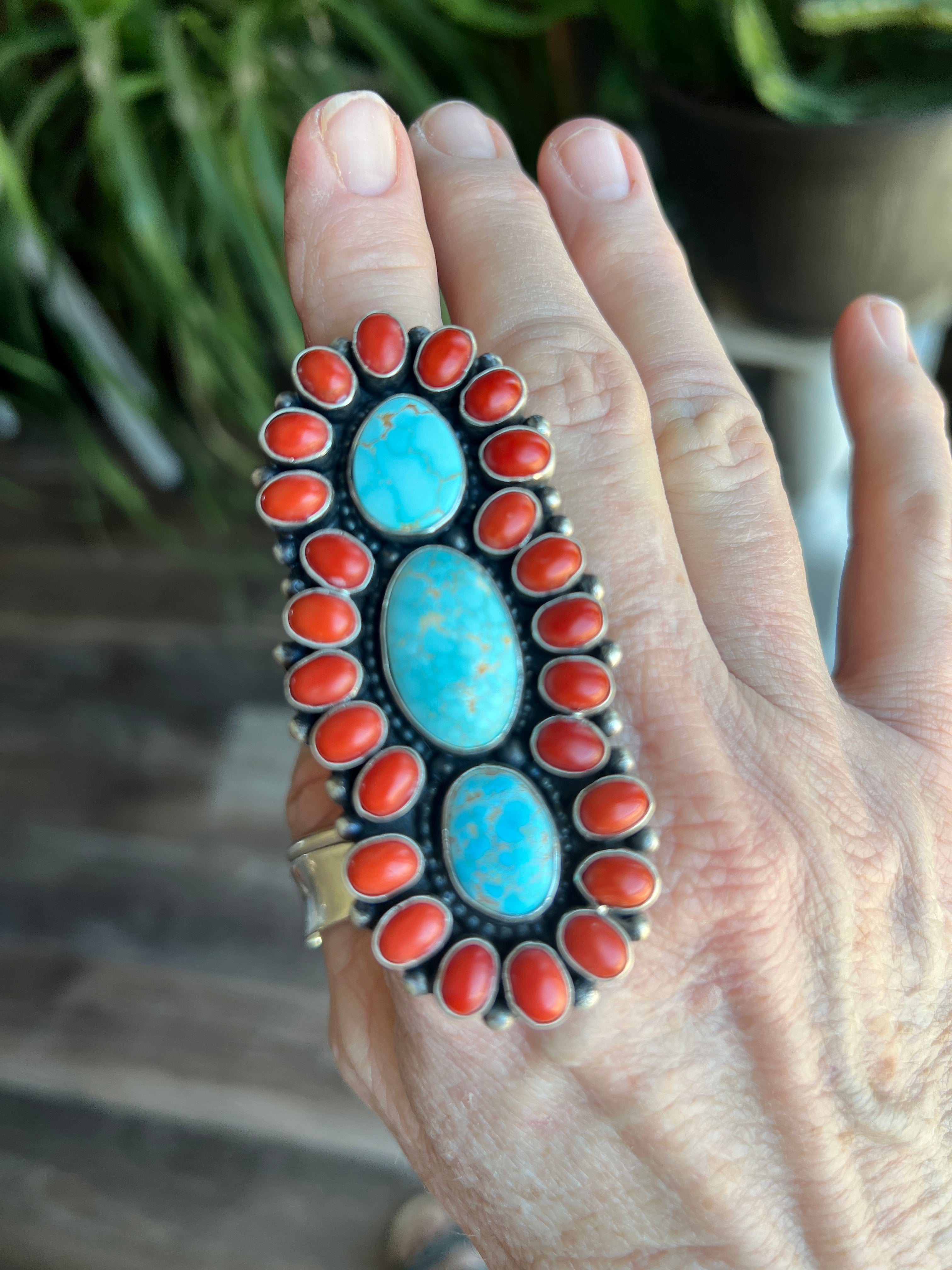 Handcrafted Sterling Silver, Coral and Number 8 Turquoise Ring by Darrin Livingston, Size 9