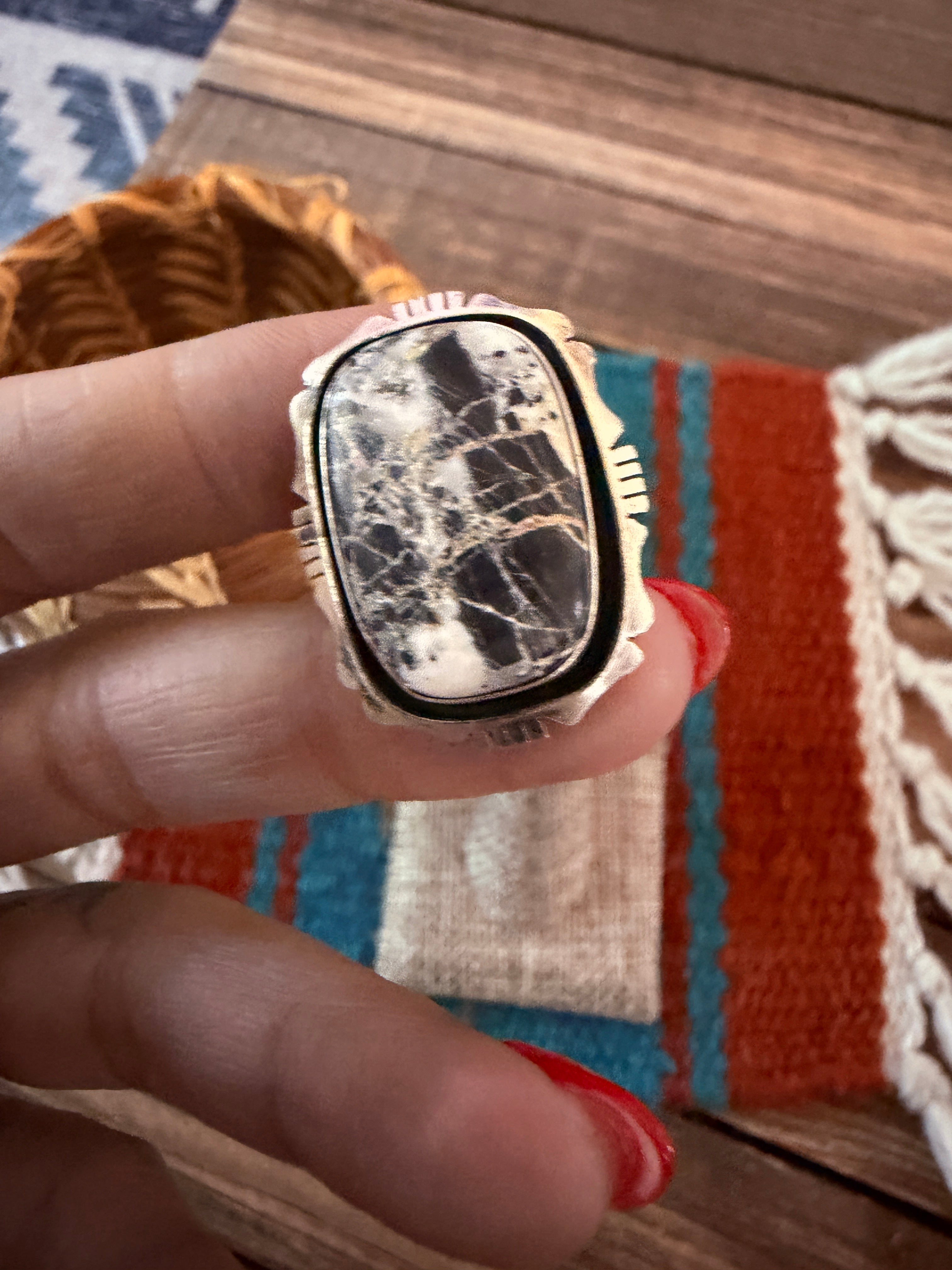 Handcrafted White Buffalo & Sterling Silver Ring Size 9