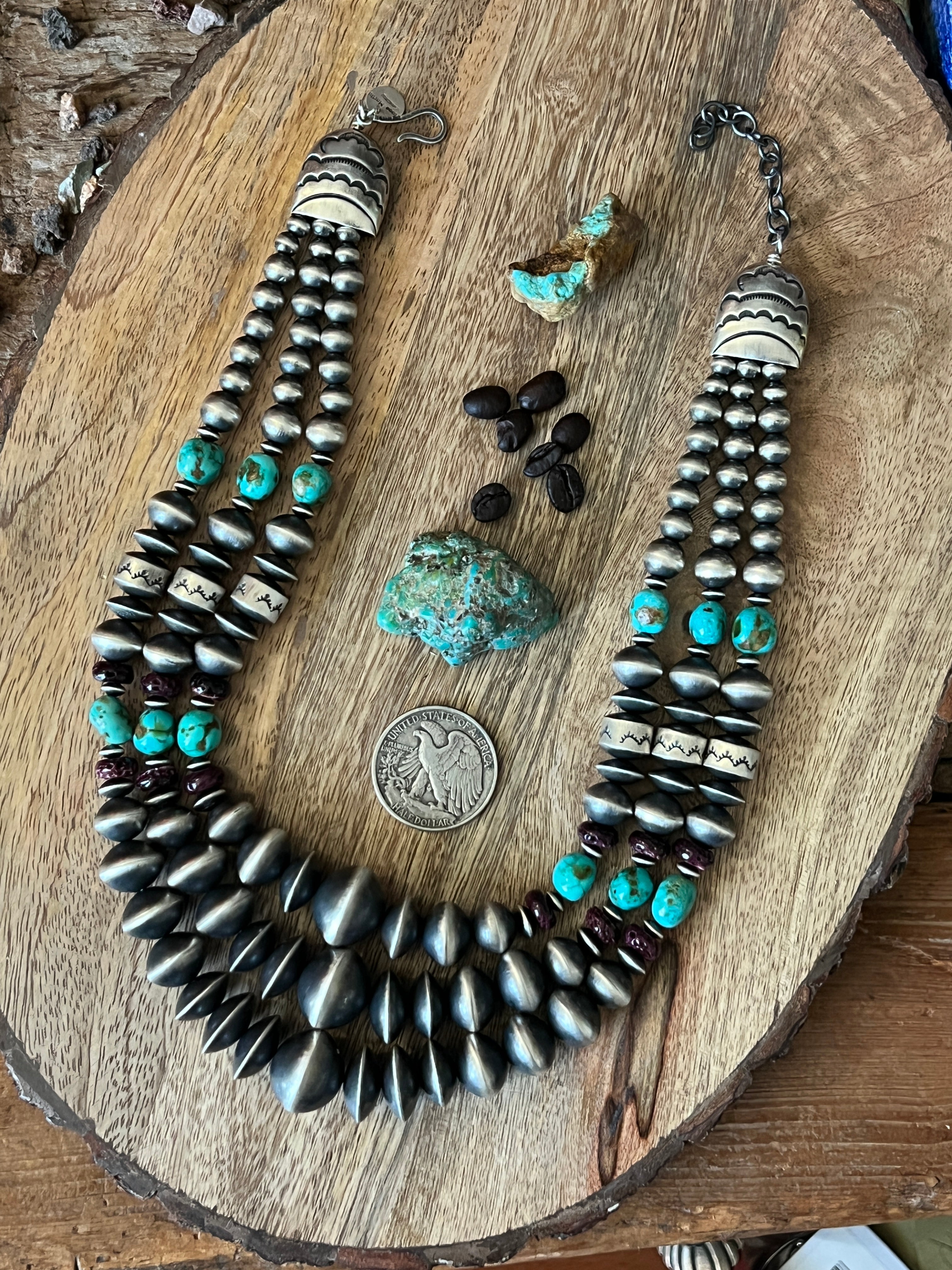 Rose Martin Handcrafted Triple Strand Sterling Silver, Purple Spiny Oyster and Kingman Turquoise Bead Necklace