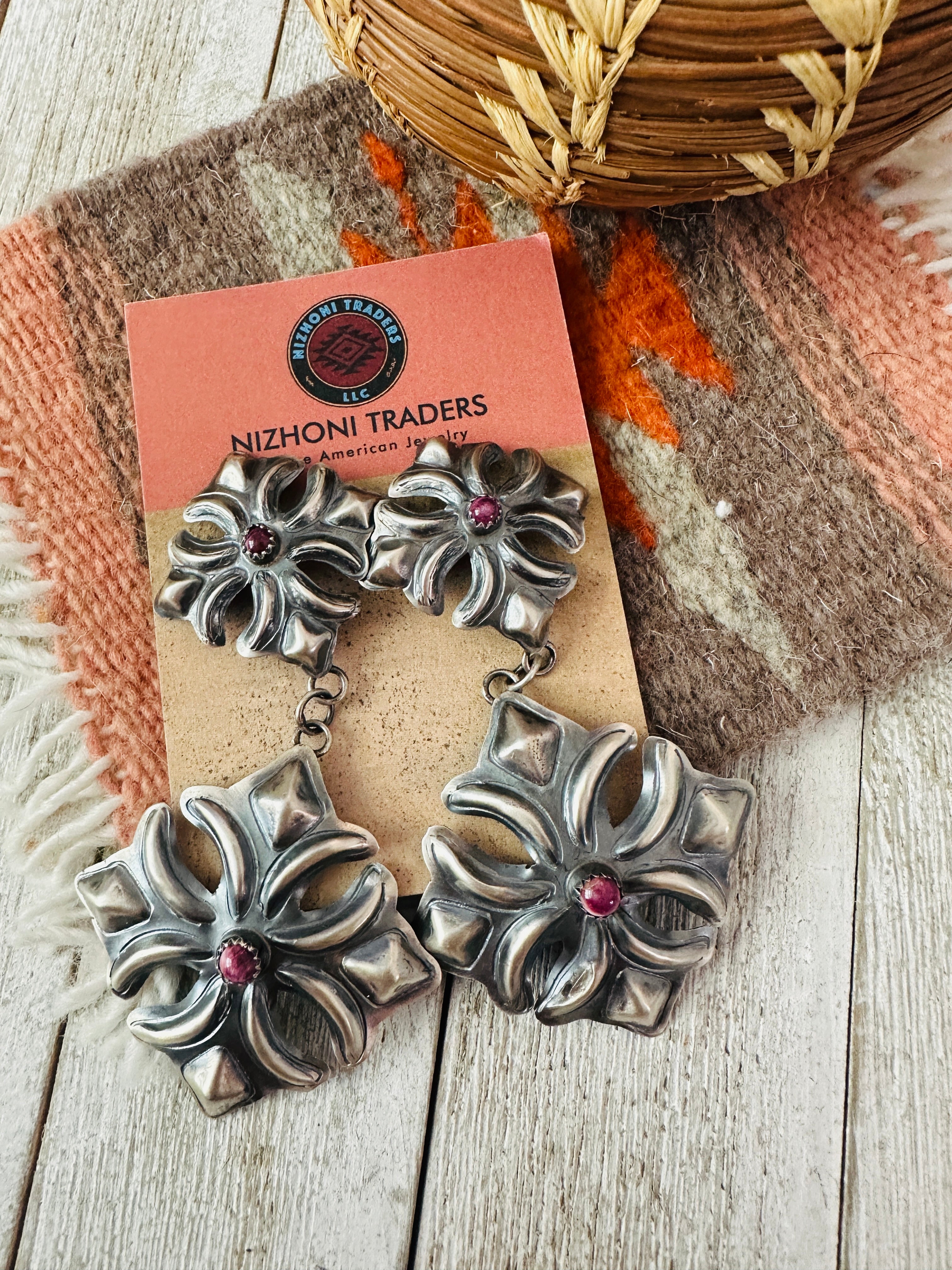 Handcrafted Purple Spiny & Sterling Silver Concho Dangle Earrings by Tim Yazzie