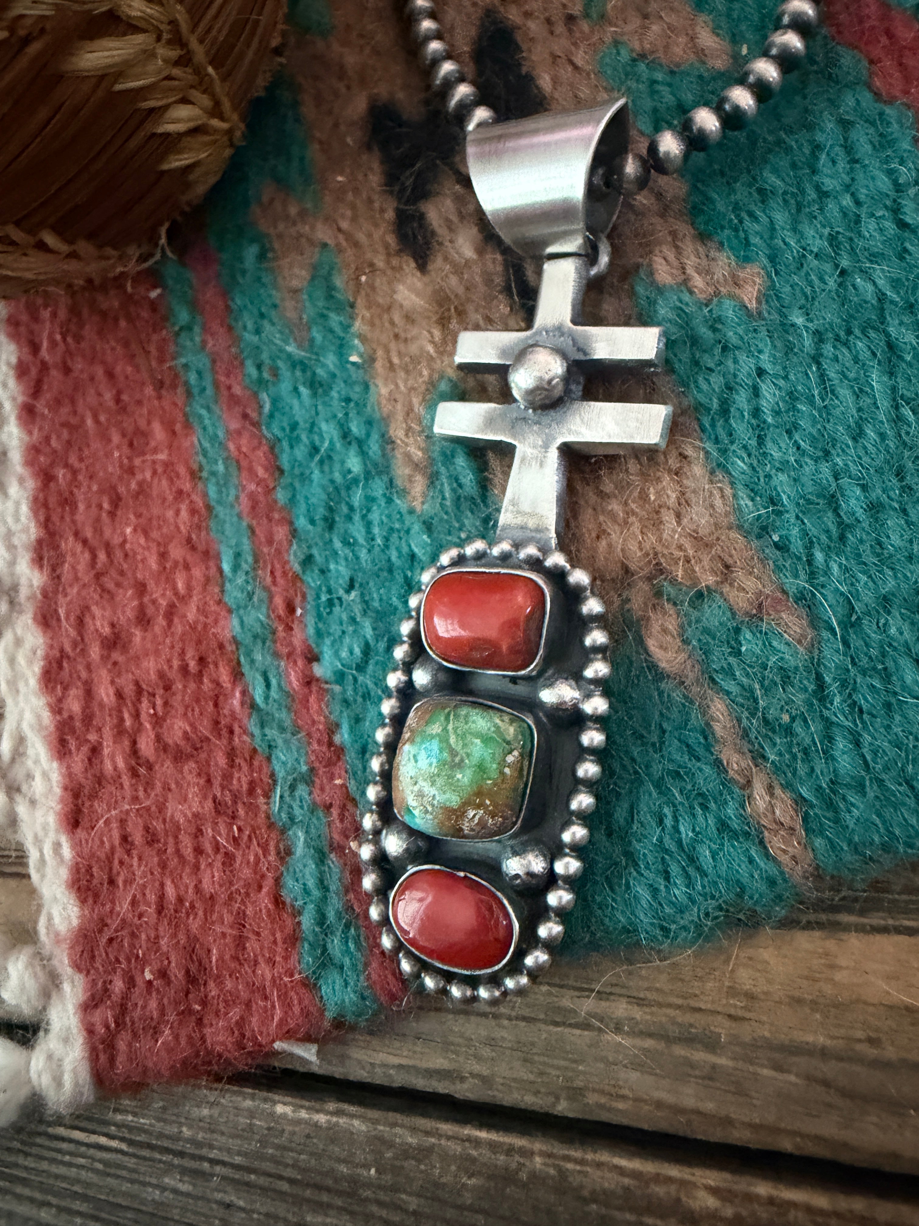 Handcrafted Sterling Silver, Coral & Sonoran Gold Turquoise Pendant by Chimney Butte
