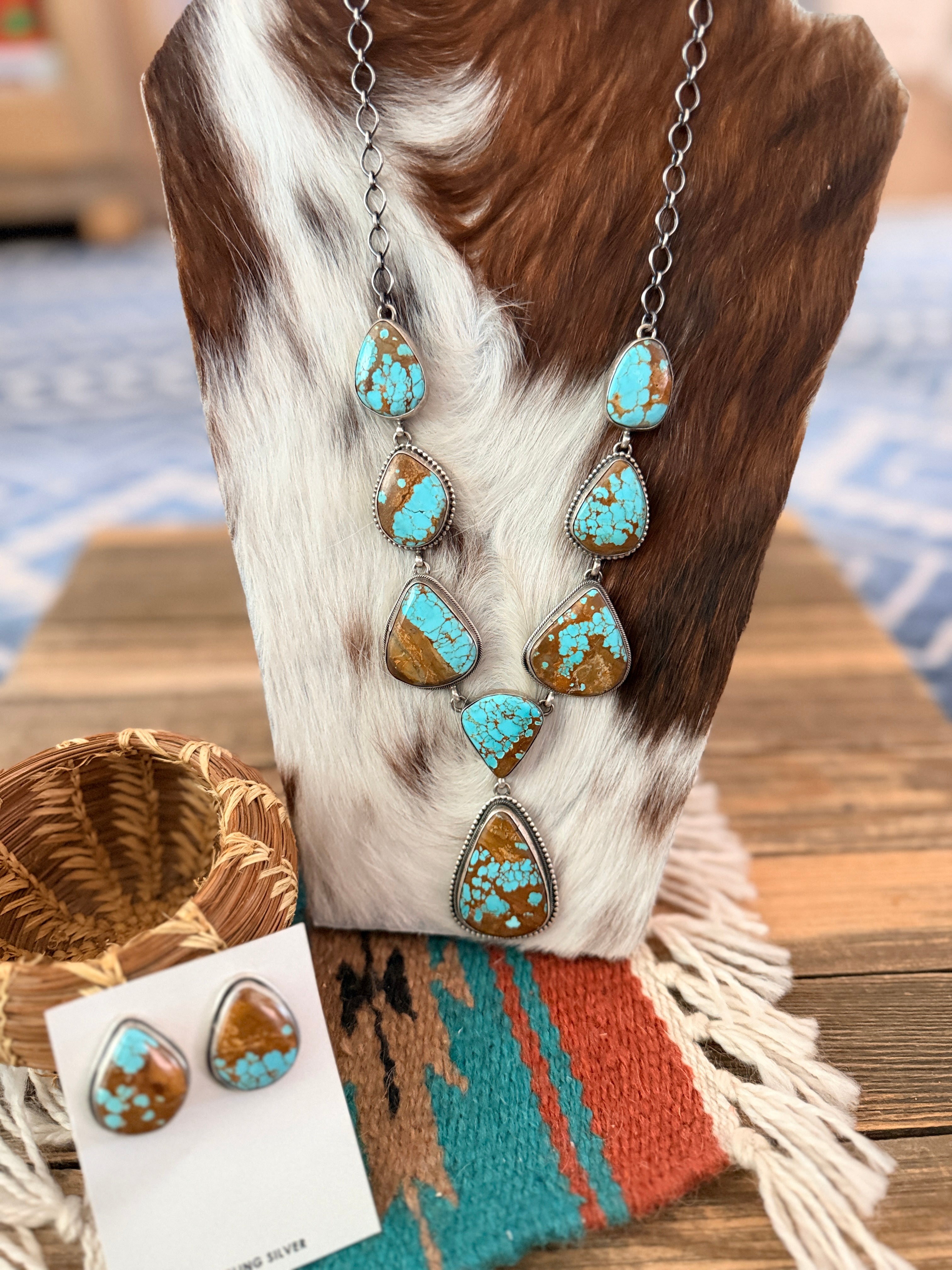 Handcrafted Number 8 Turquoise & Sterling Silver Necklace and Earring Set by Darren Livingston