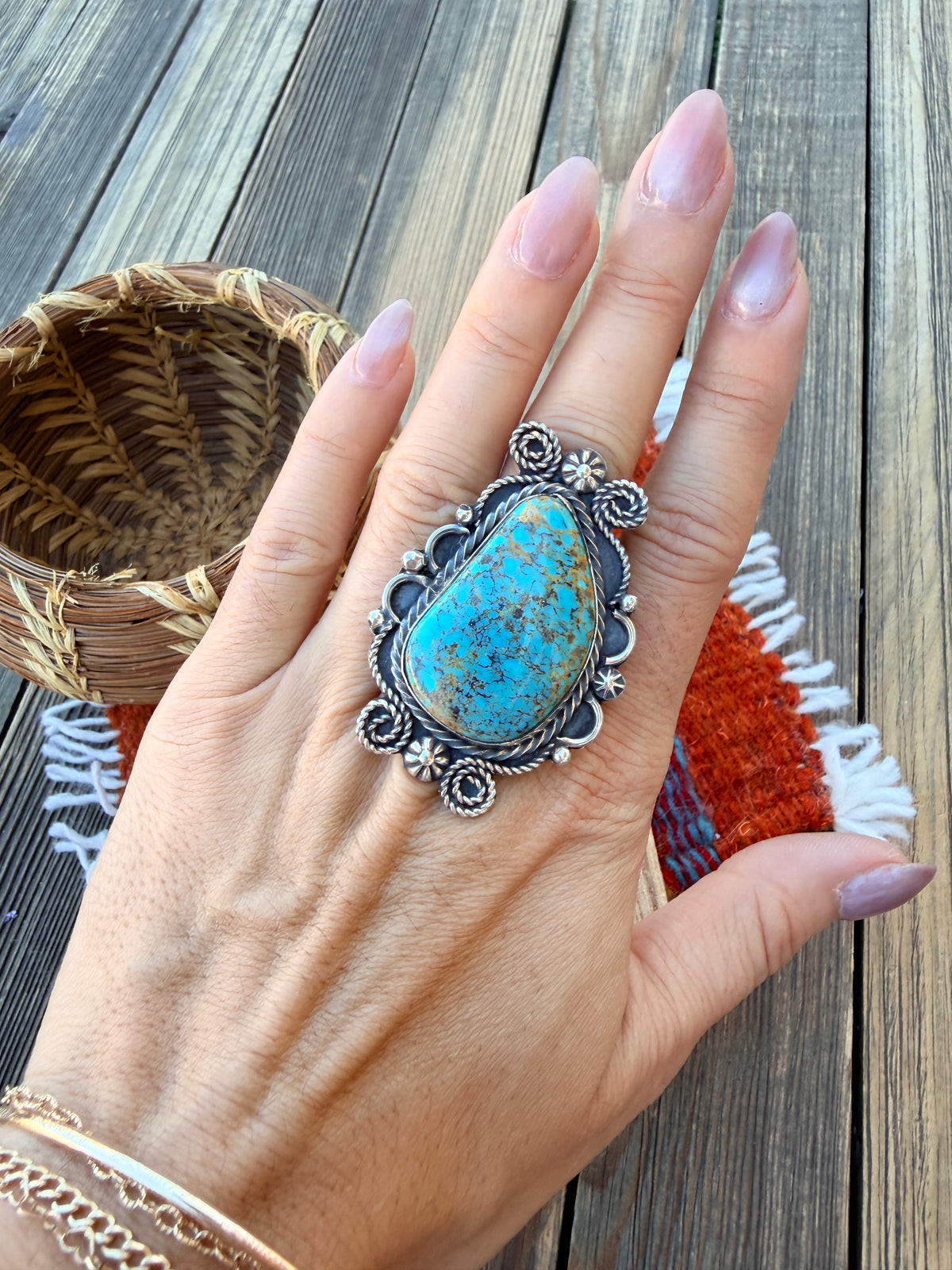 Handcrafted Royston Turquoise & Sterling Silver Ring 9 by Rosella Paxson