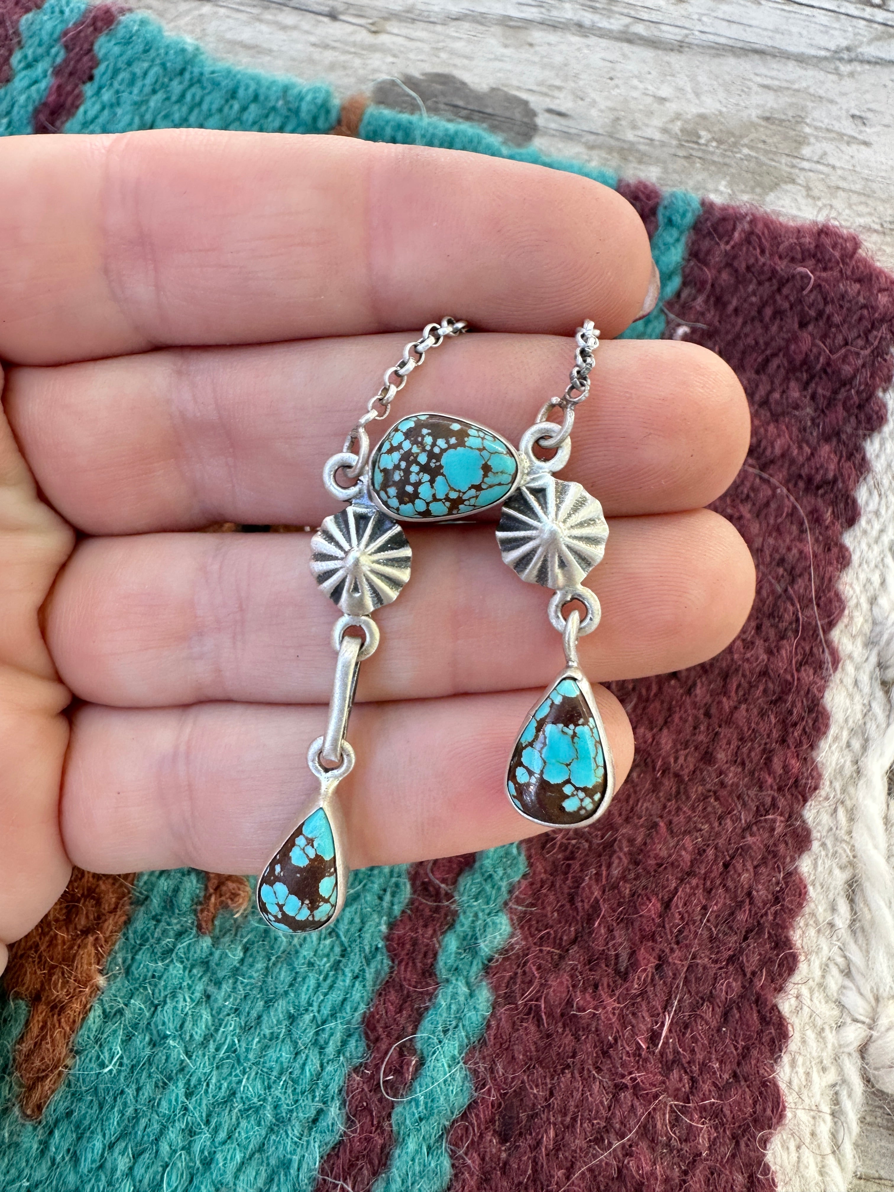 Beautiful Handmade Sterling Silver & Number 8 Turquoise 3 Stone Necklace