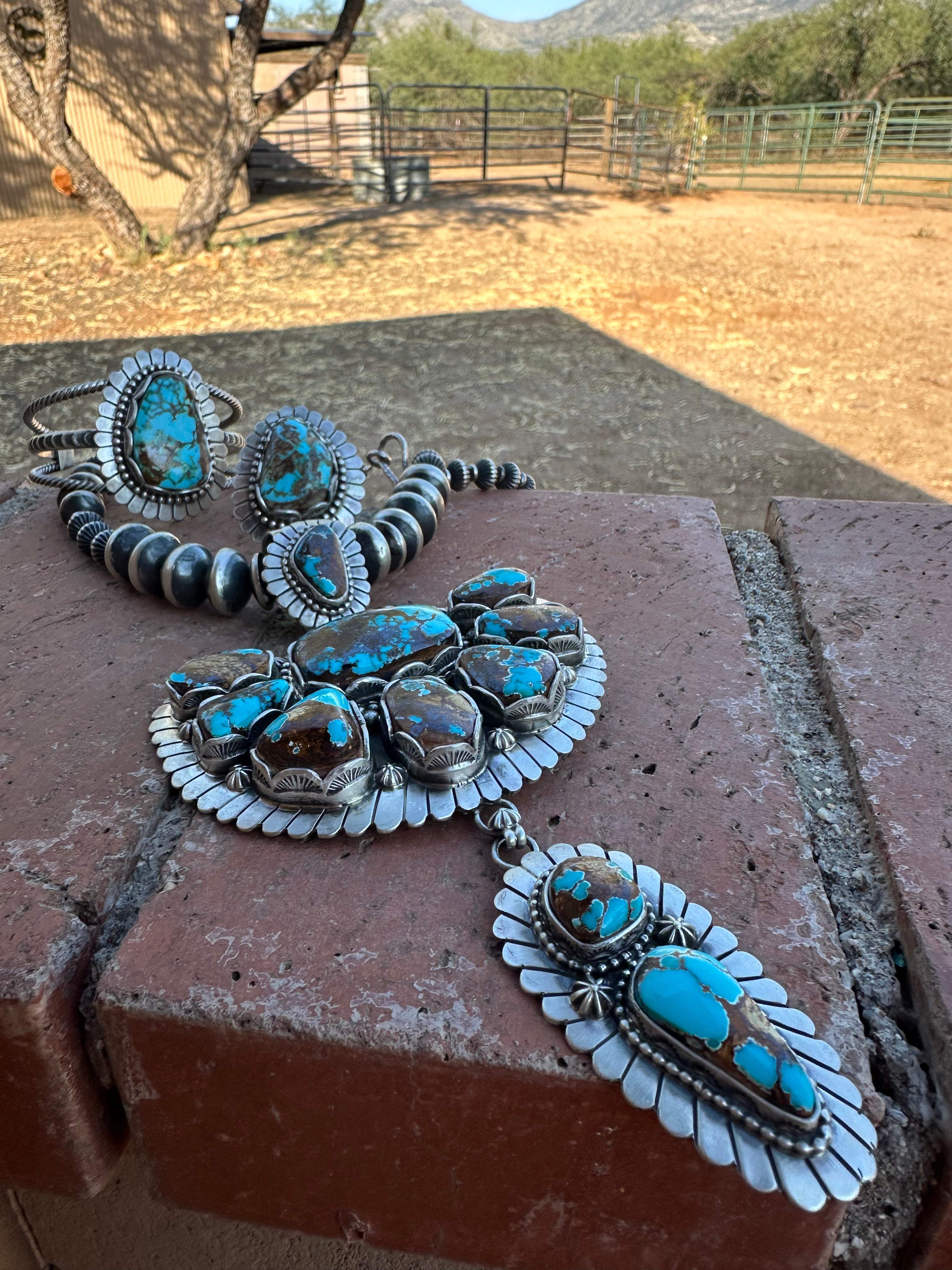 Charles Johnson Navajo Number 8 Turquoise & Sterling Silver Necklace, Bracelet and Ring Set Signed