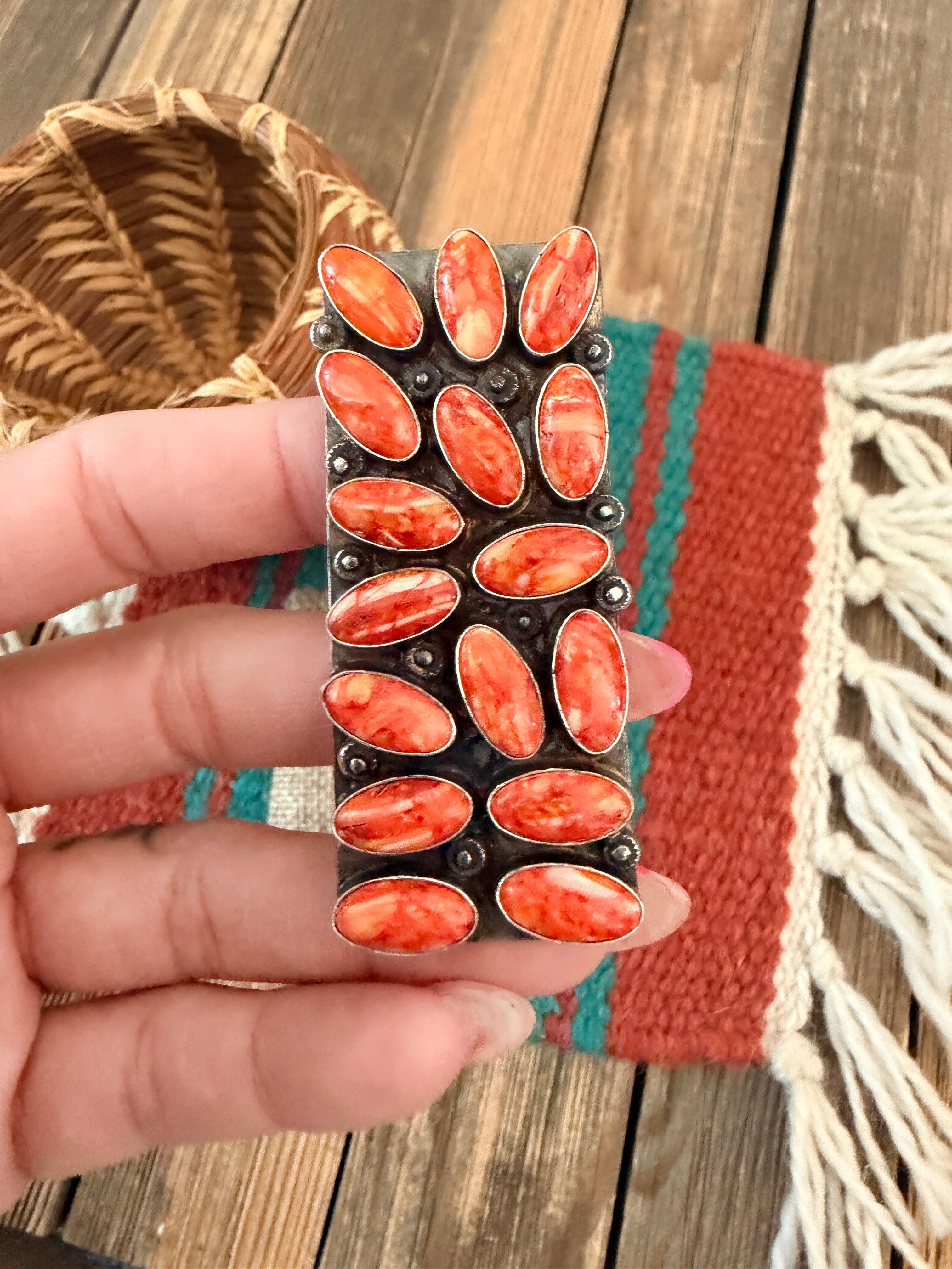 Handcrafted Orange Spiny Oyster & Sterling Silver Cluster Adjustable Ring by Jacqueline Silver
