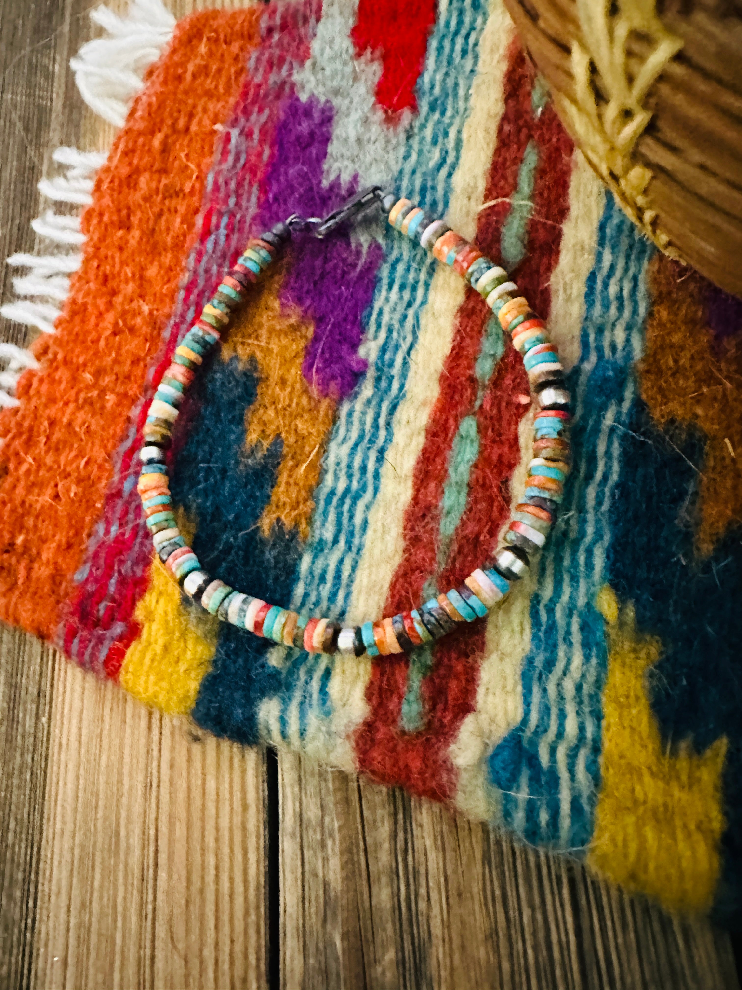 Handcrafted Turquoise, Spiny & Sterling Silver Pearl Beaded Bracelet 7”
