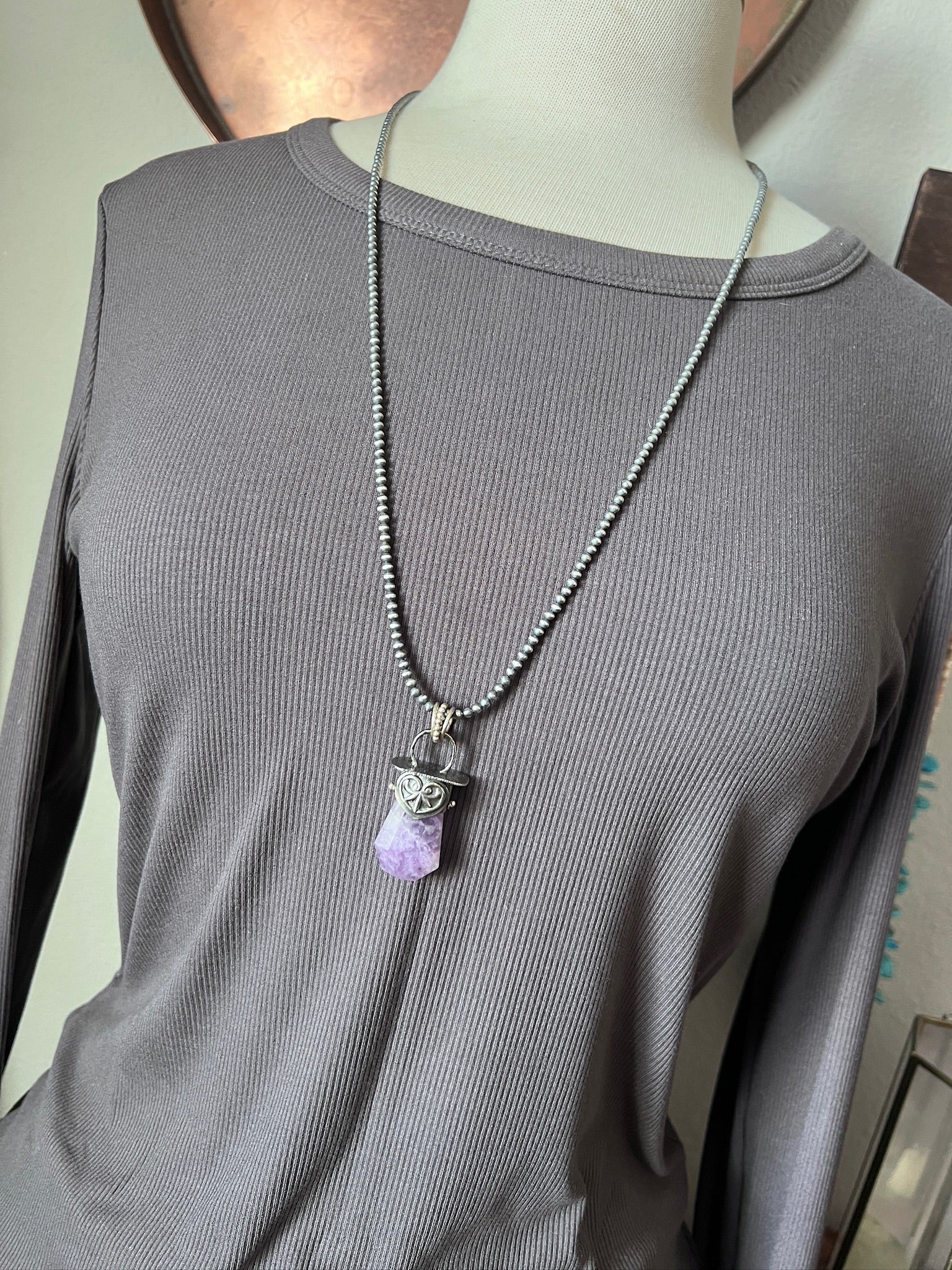 Sterling Silver Gem Collector 30” + 2” Beaded Necklace w/ Amethyst & Heart Pendant