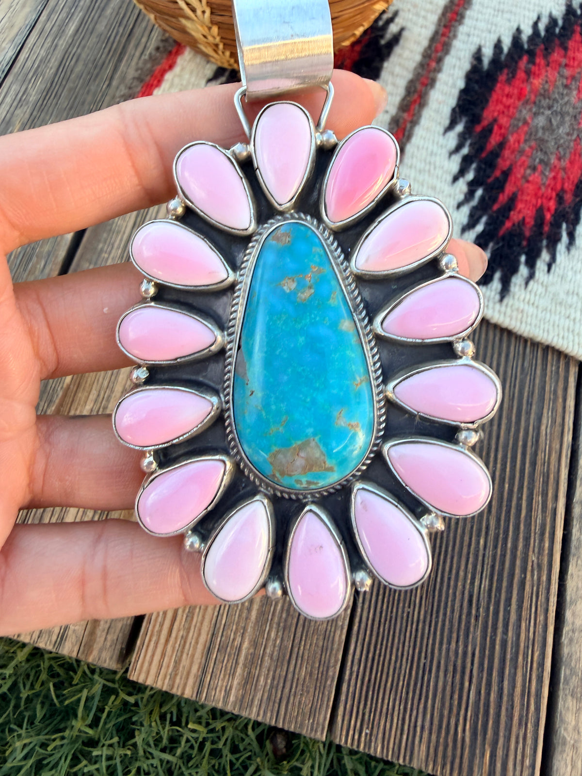 Handcrafted Sterling Silver, Turquoise & Queen Pink Conch Cluster Pendant