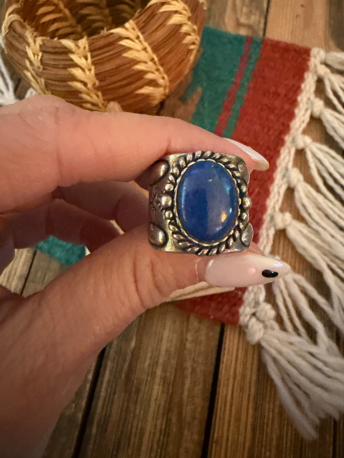 Old Pawn Handcrafted Lapis & Sterling Silver Ring Size 6.5