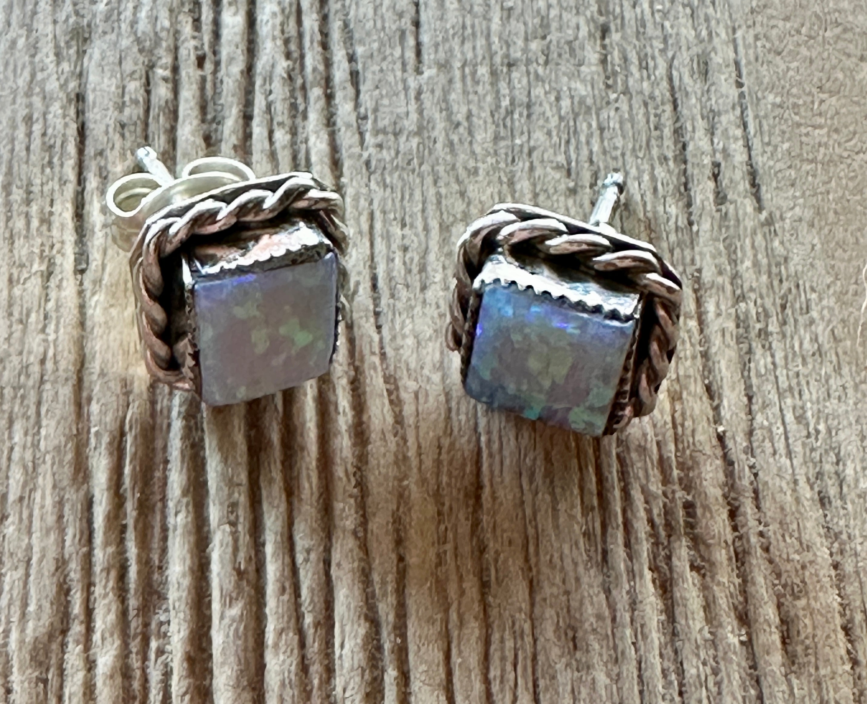 Handcrafted White Opal Inlay & Sterling Silver Stud Earrings