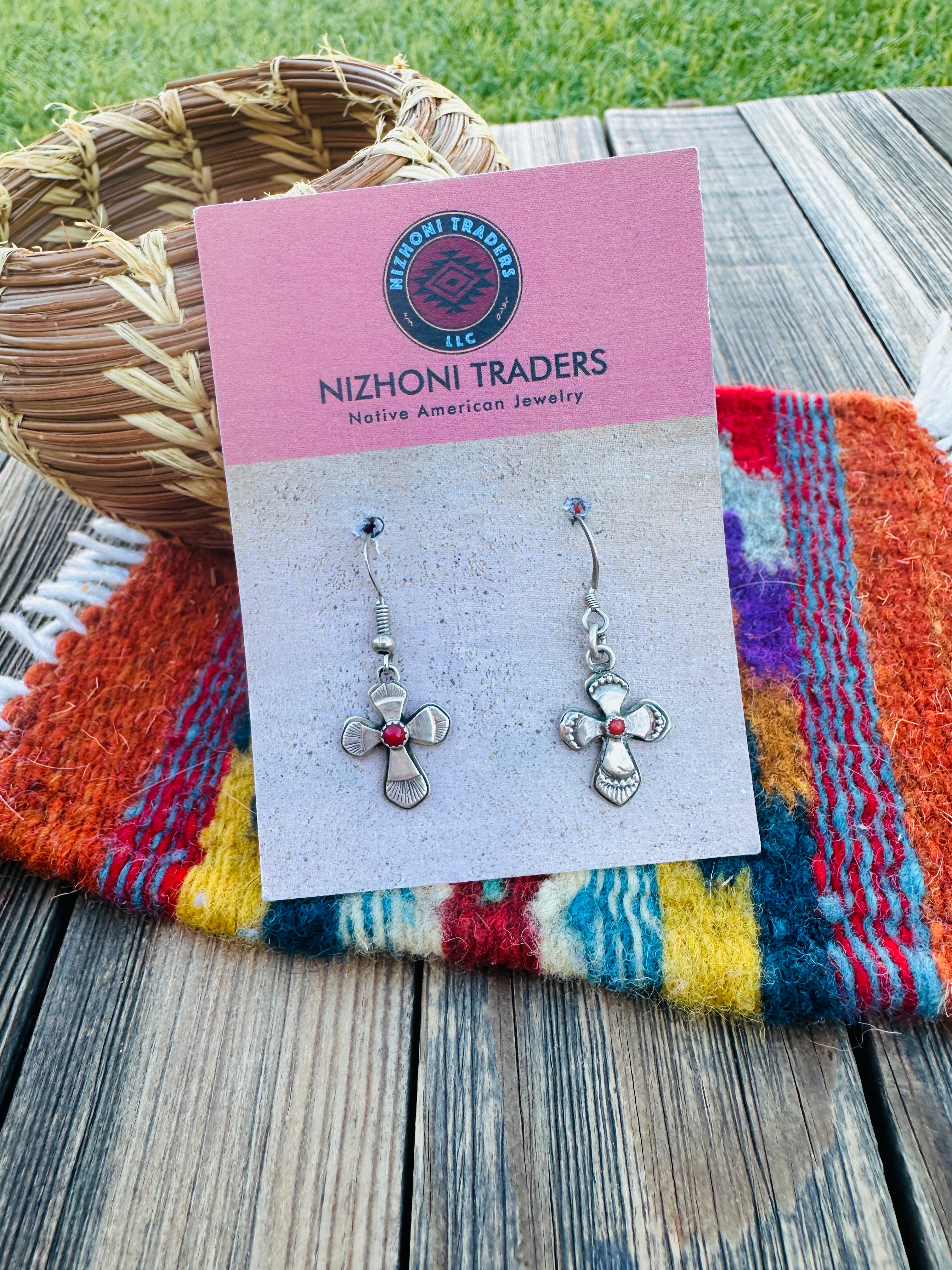 Old Pawn Vintage Handcrafted Coral & Sterling Silver Cross Dangle Earrings