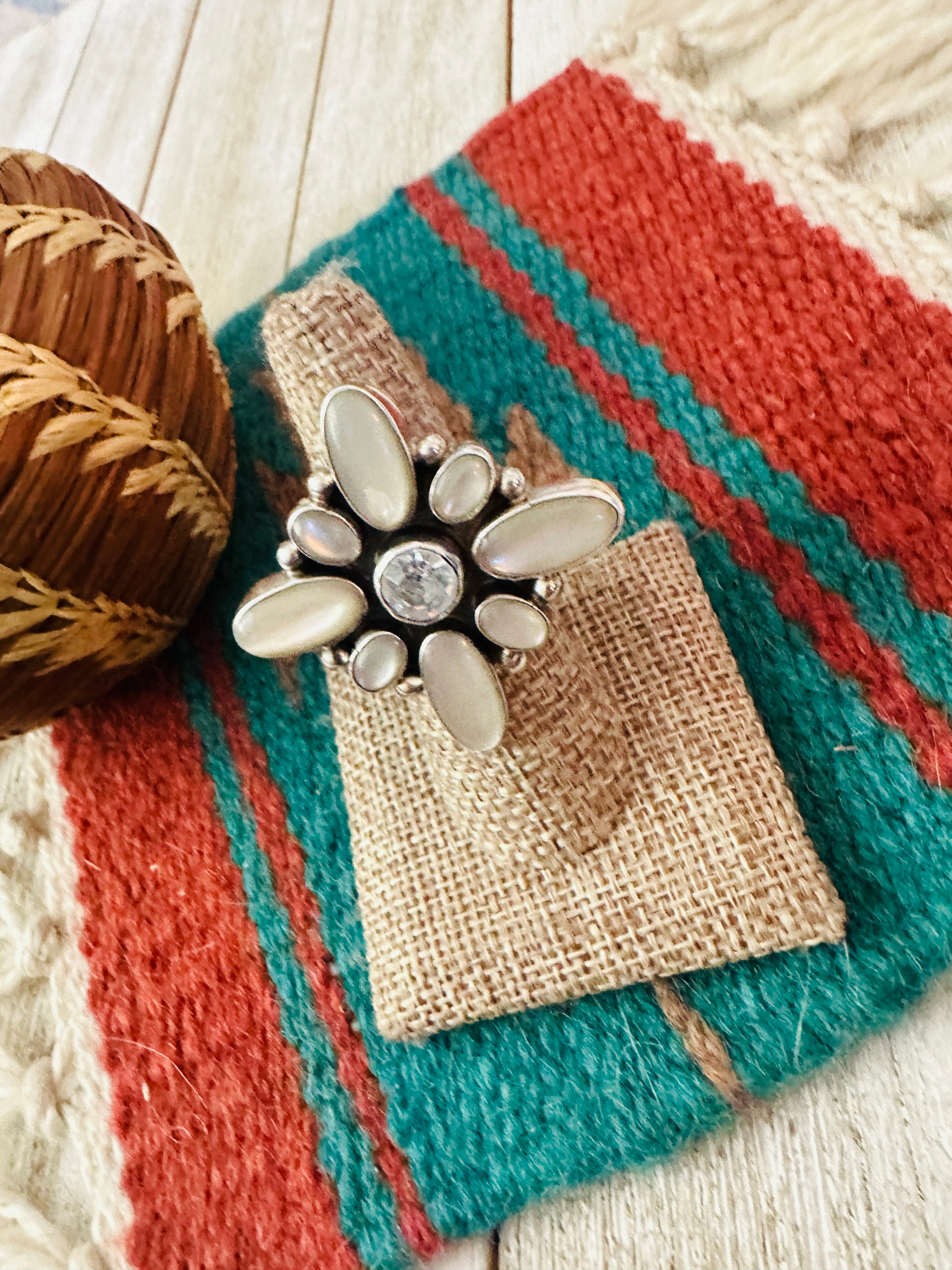 Handcrafted Mother of Pearl, CZ & Sterling Silver Adjustable Ring by Jacqueline Silver