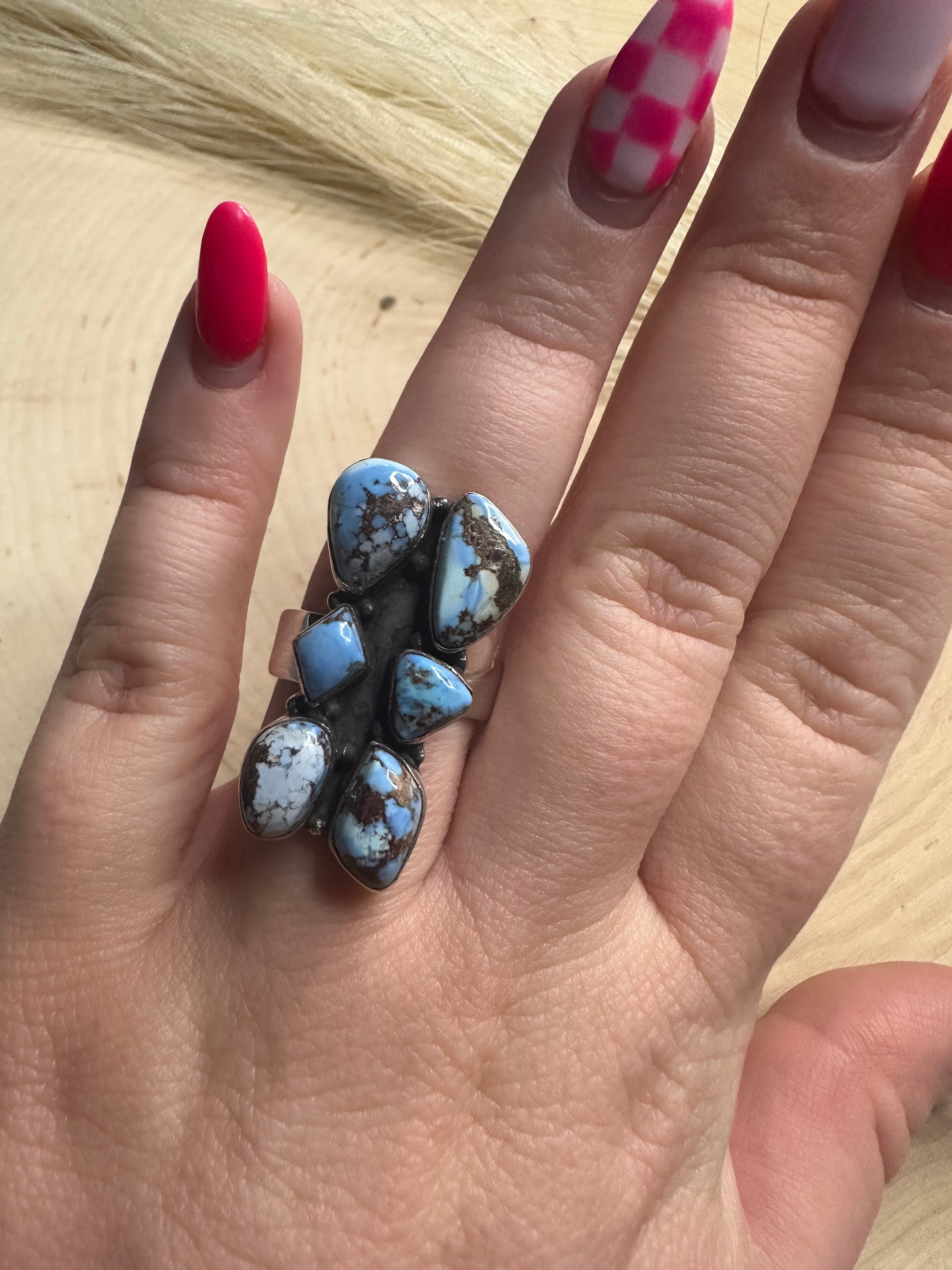 Beautiful Handmade Golden Hills Turquoise And Sterling Silver Adjustable 6 Stone Ring