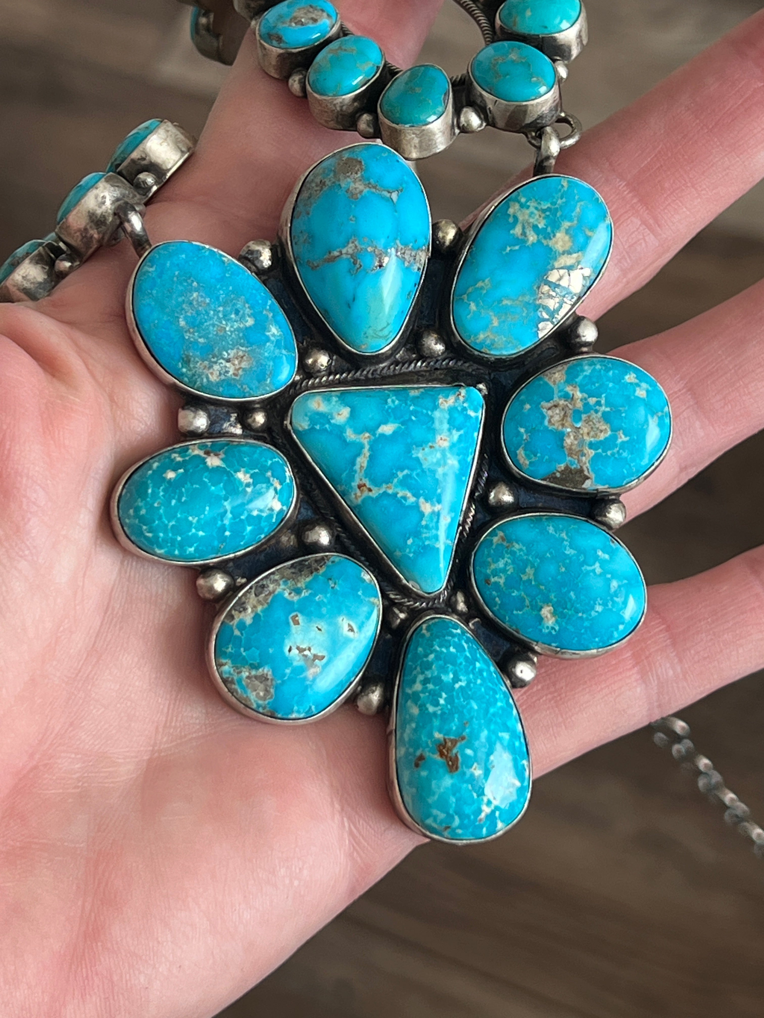 Handcrafted Sterling Silver and Whitewater Campitos Turquoise Cluster Necklace and Earring Set by Sheila Becenti