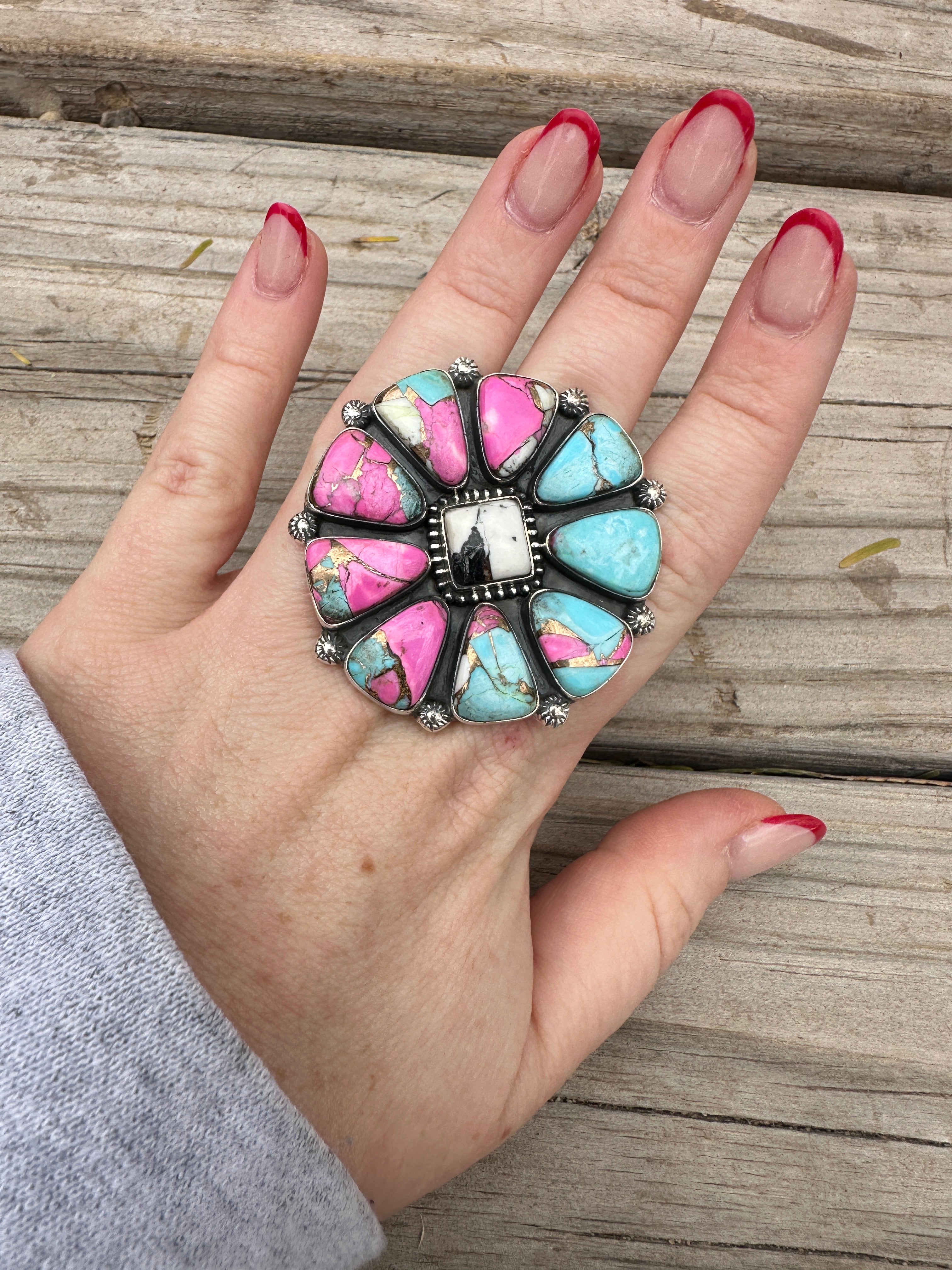 Handmade Cotton Candy Sterling Adjustable Cluster Statement Ring