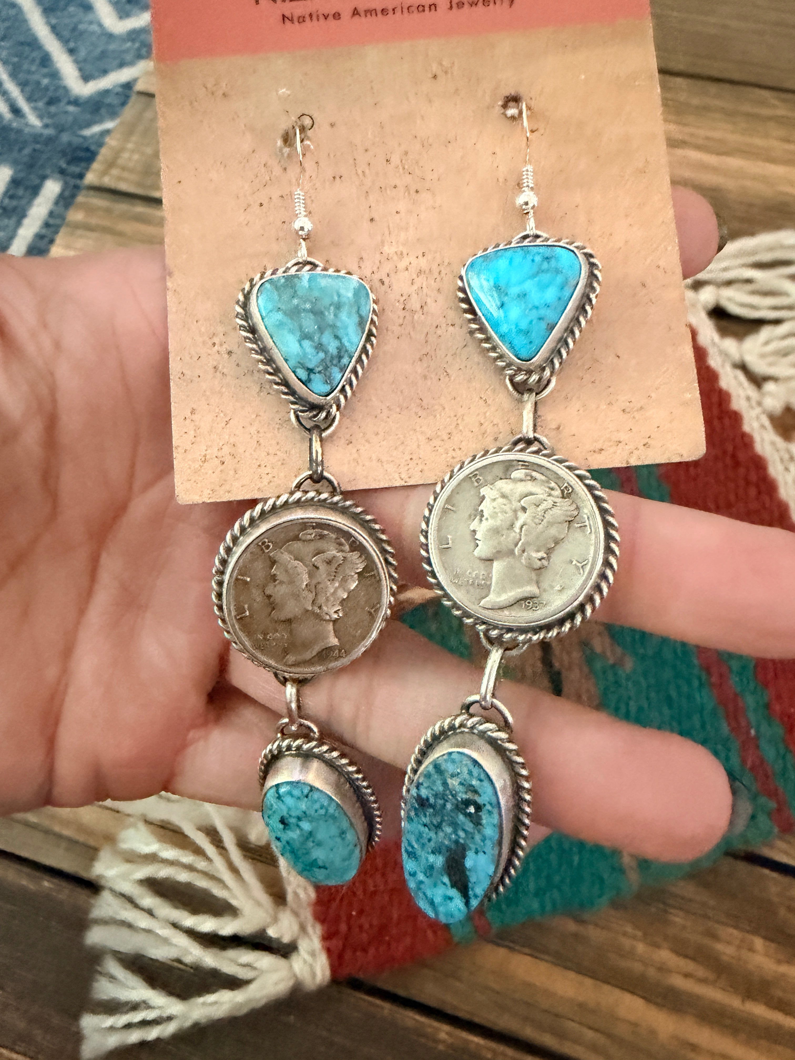 Handcrafted Turquoise & Sterling Silver Liberty Dime Dangle Earrings by Hiram Largo