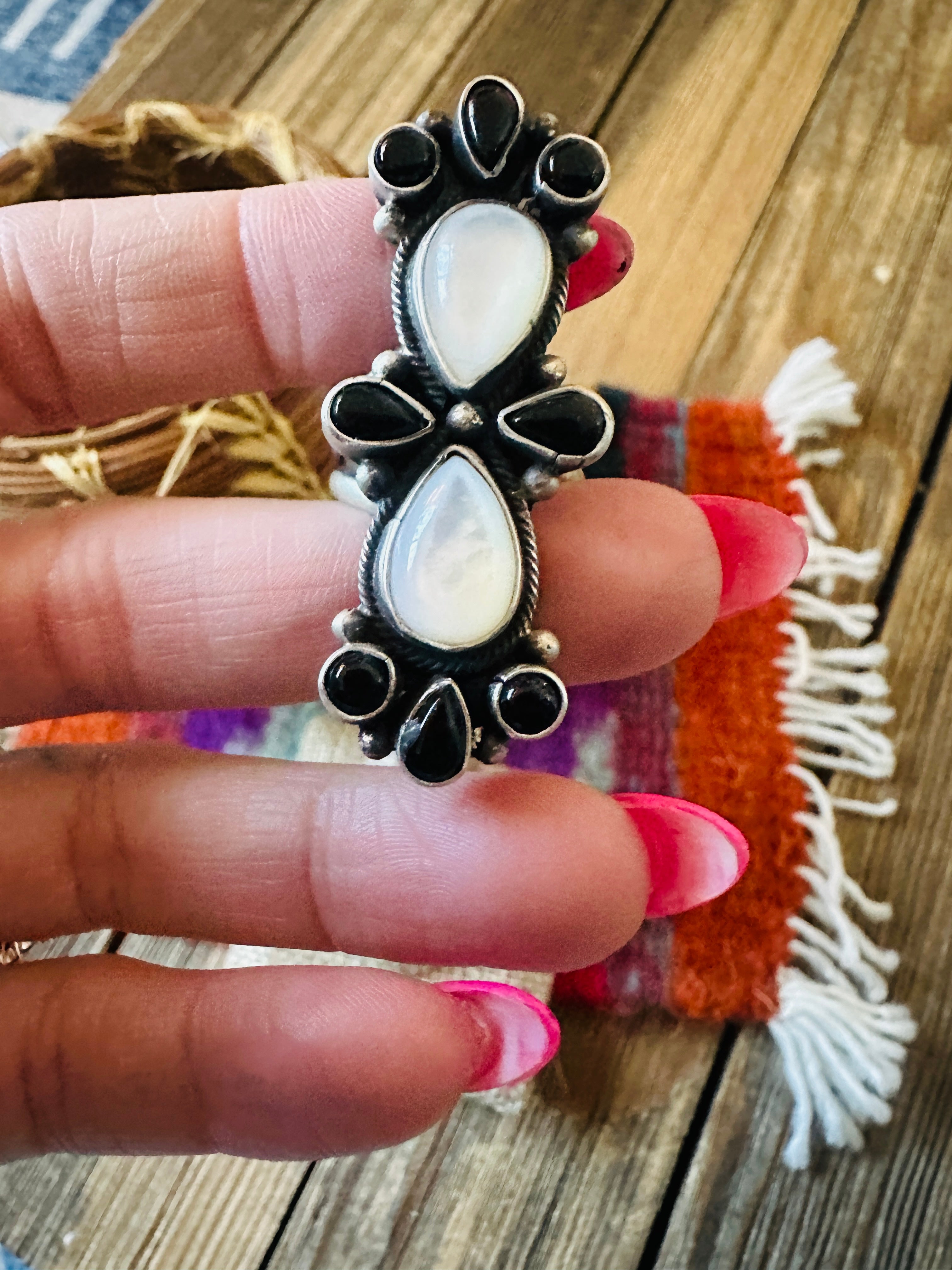 Handcrafted Onyx, Mother of Pearl & Sterling Silver Adjustable Ring by Sheila Becenti
