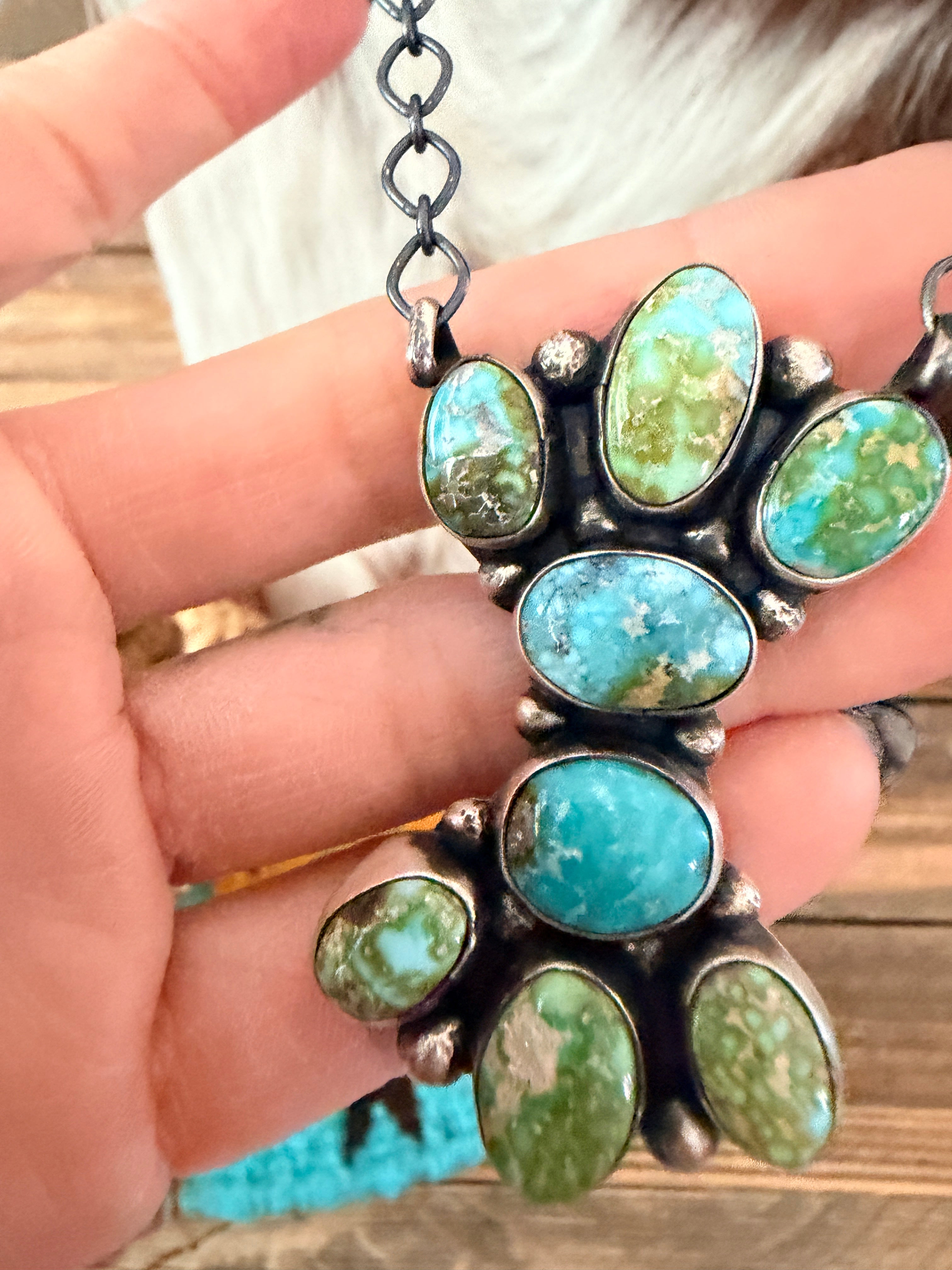 Handcrafted Sonoran Mountain Turquoise & Sterling Silver Cluster Necklace by Sheila Becenti