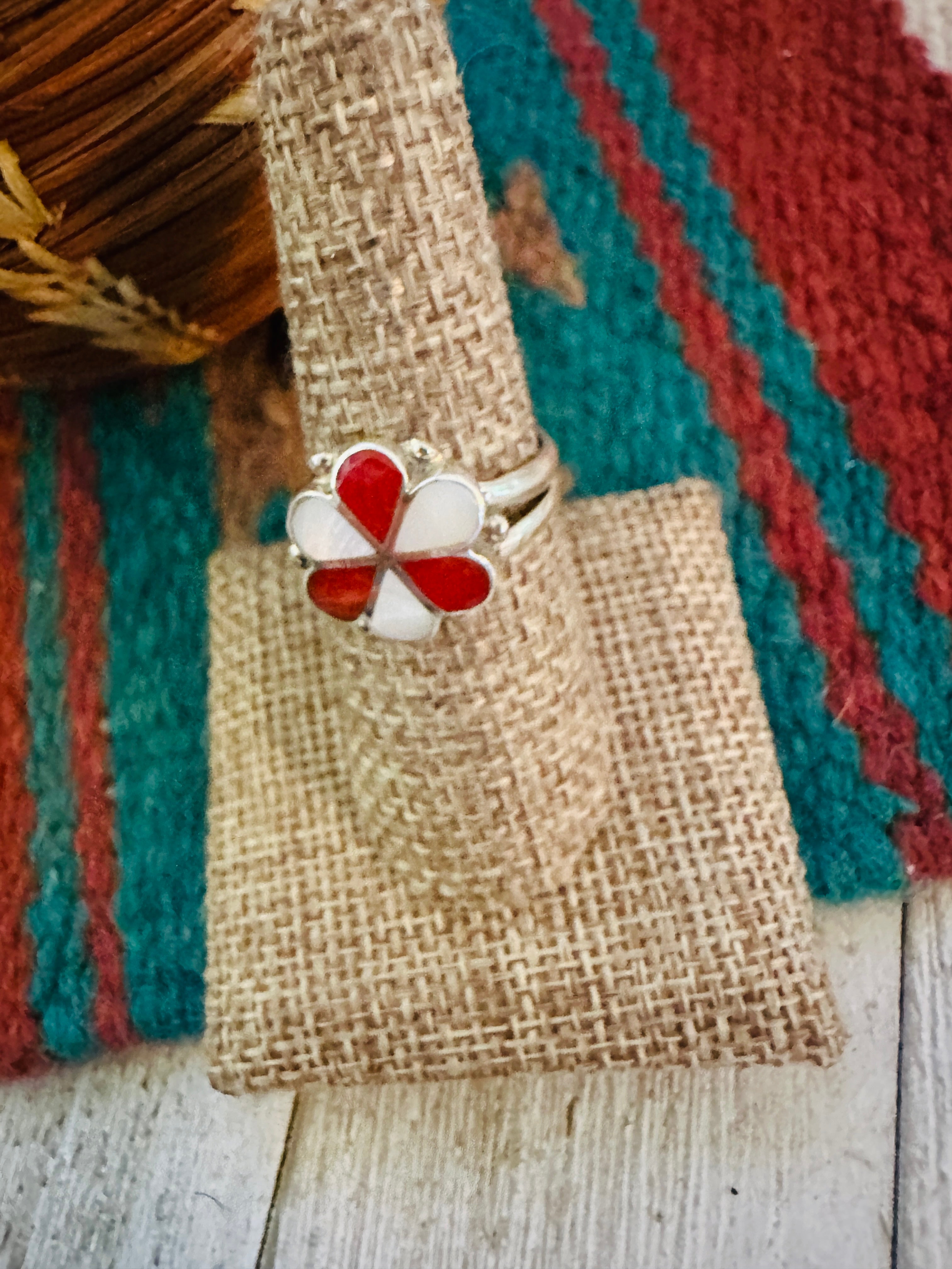 Hand Crafted Mother of Pearl, Coral & Sterling Silver Inlay Flower Ring Size 8.5