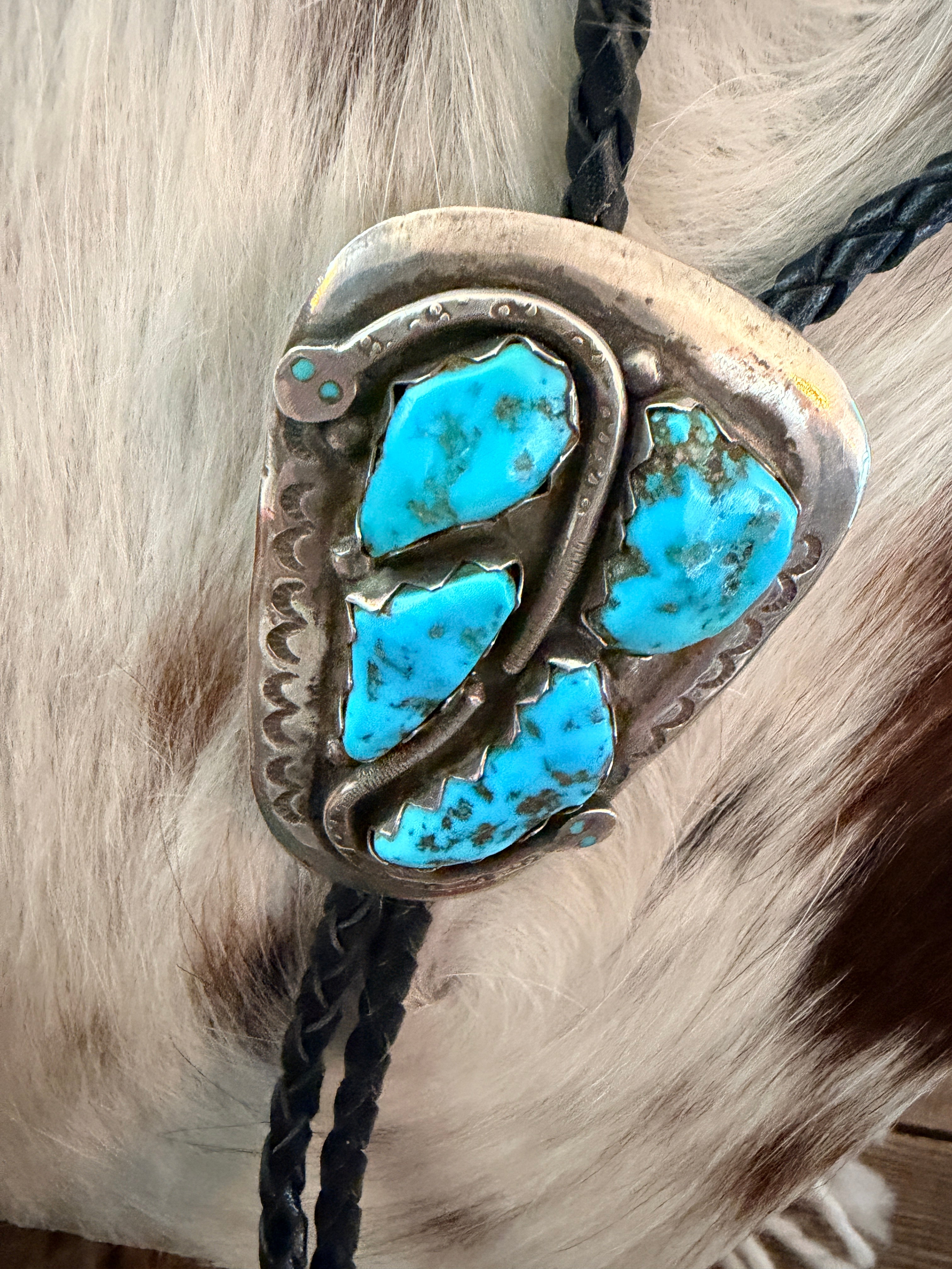 Handcrafted Vintage Old Pawn Sterling Silver & Turquoise Concho Bolo Tie by Effie Calavaza