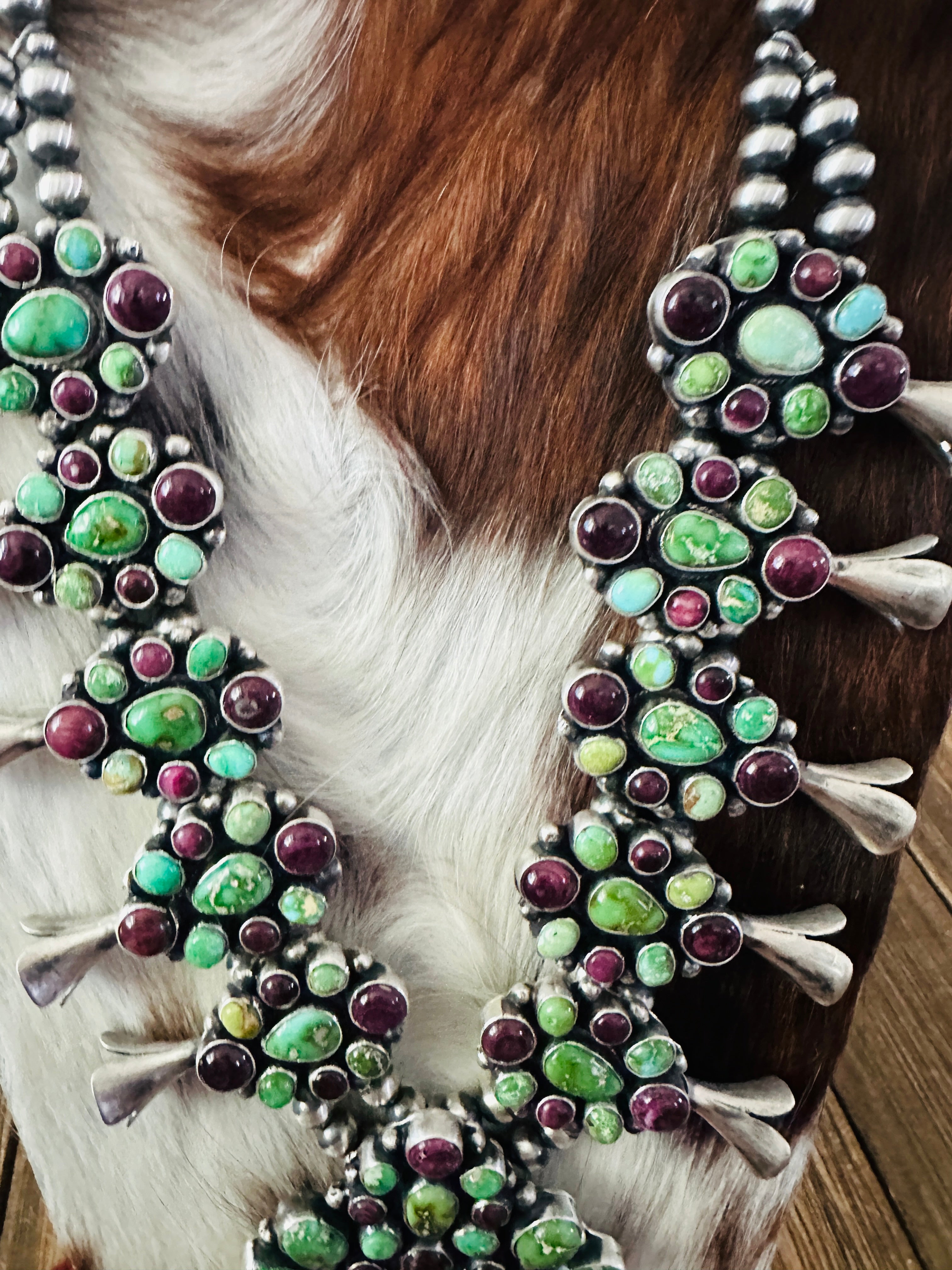 Handcrafted Sterling Silver, Turquoise & Spiny Oyster Squash Blossom Necklace Set by Louise Jim