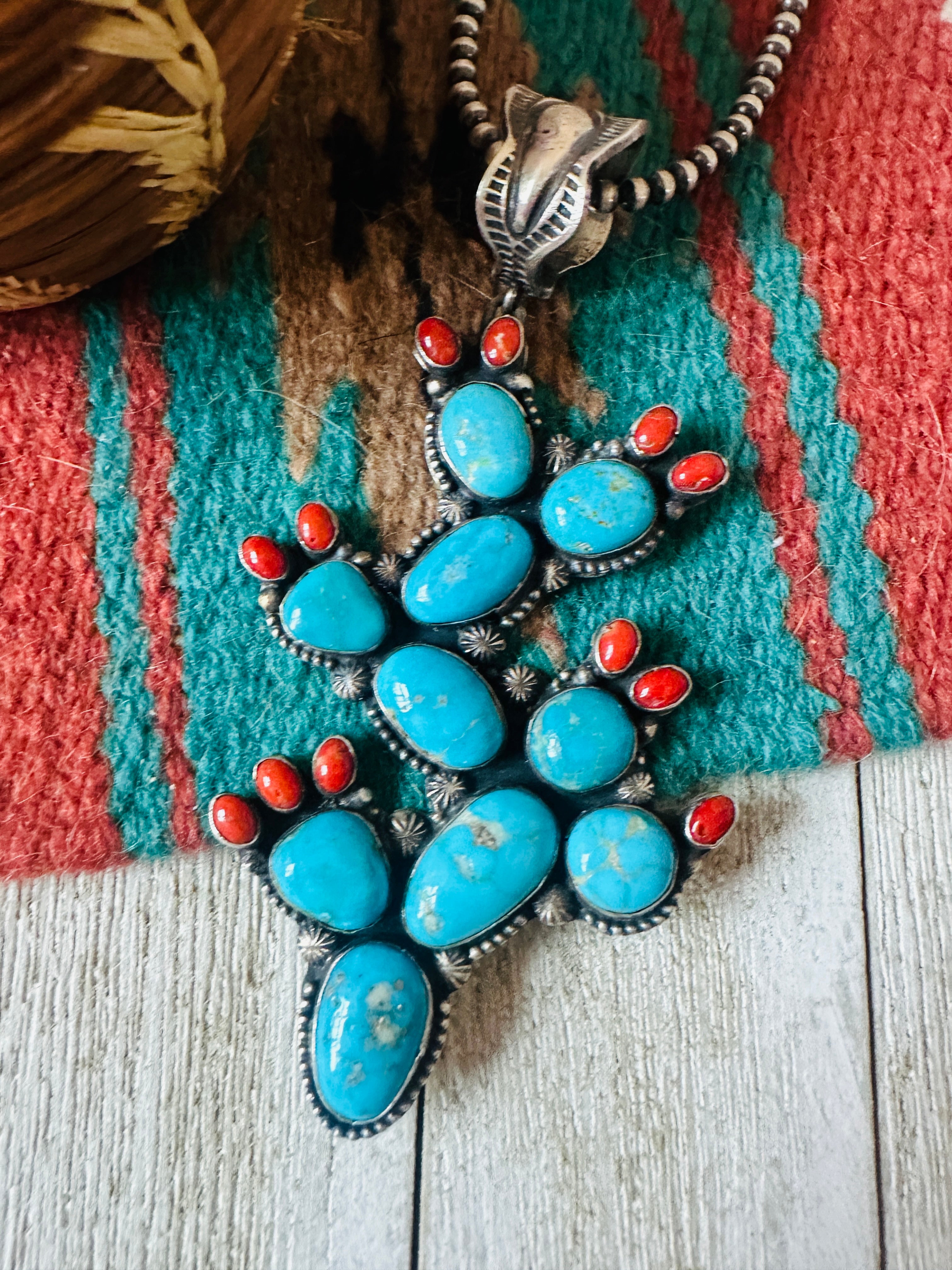 Handcrafted Sterling Silver, Turquoise & Coral Cactus Pendant by Shawn Cayatineto