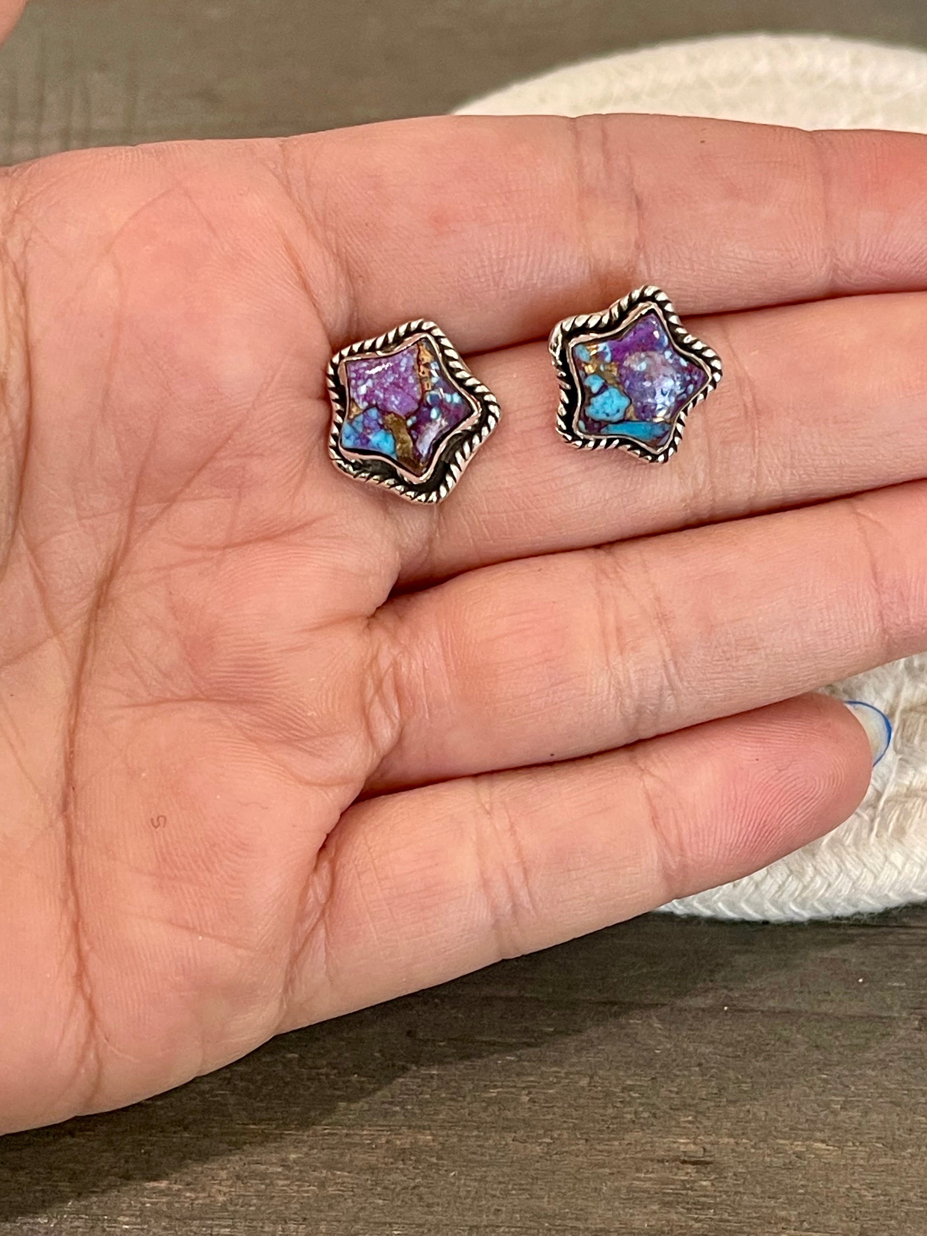 Sizzling Handmade Star Sterling Silver & Purple Mojave Post Earrings