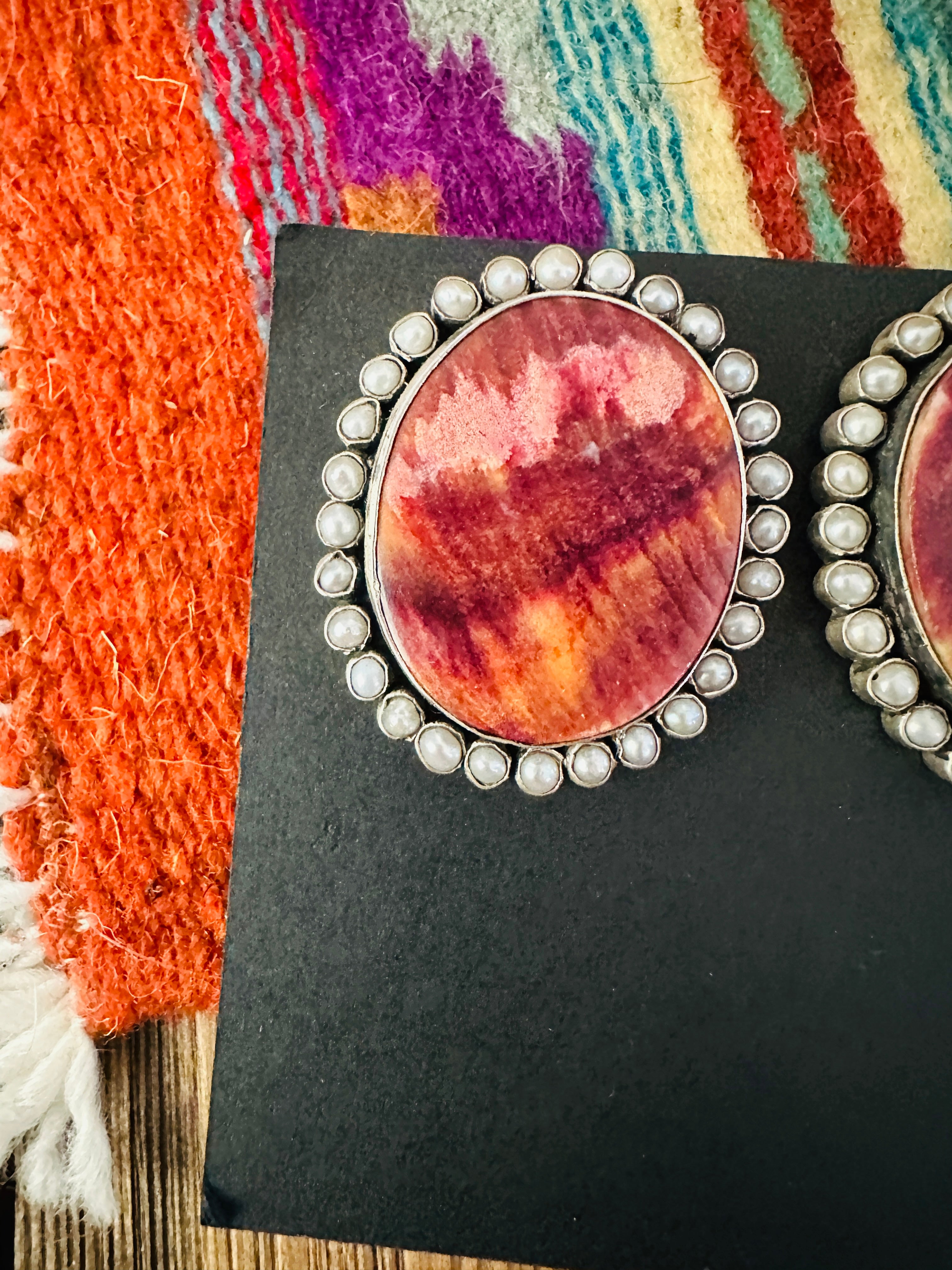 Handcrafted Spiny Oyster, Mother of Pearl & Sterling Silver Clip On Earrings by Federico Jimenez