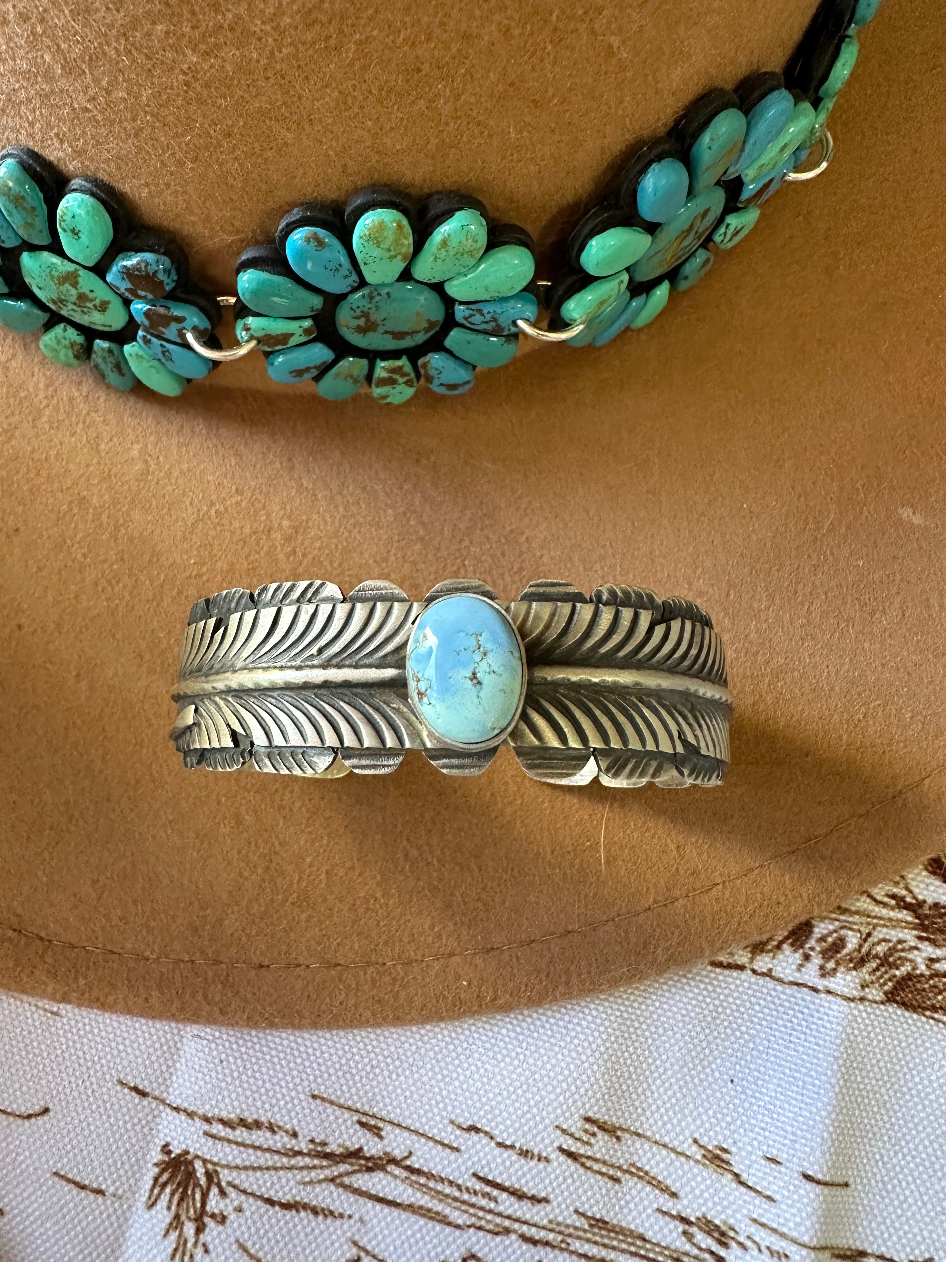 Handcrafted Golden Hills Turquoise & Sterling Silver Feather Cuff Bracelet
