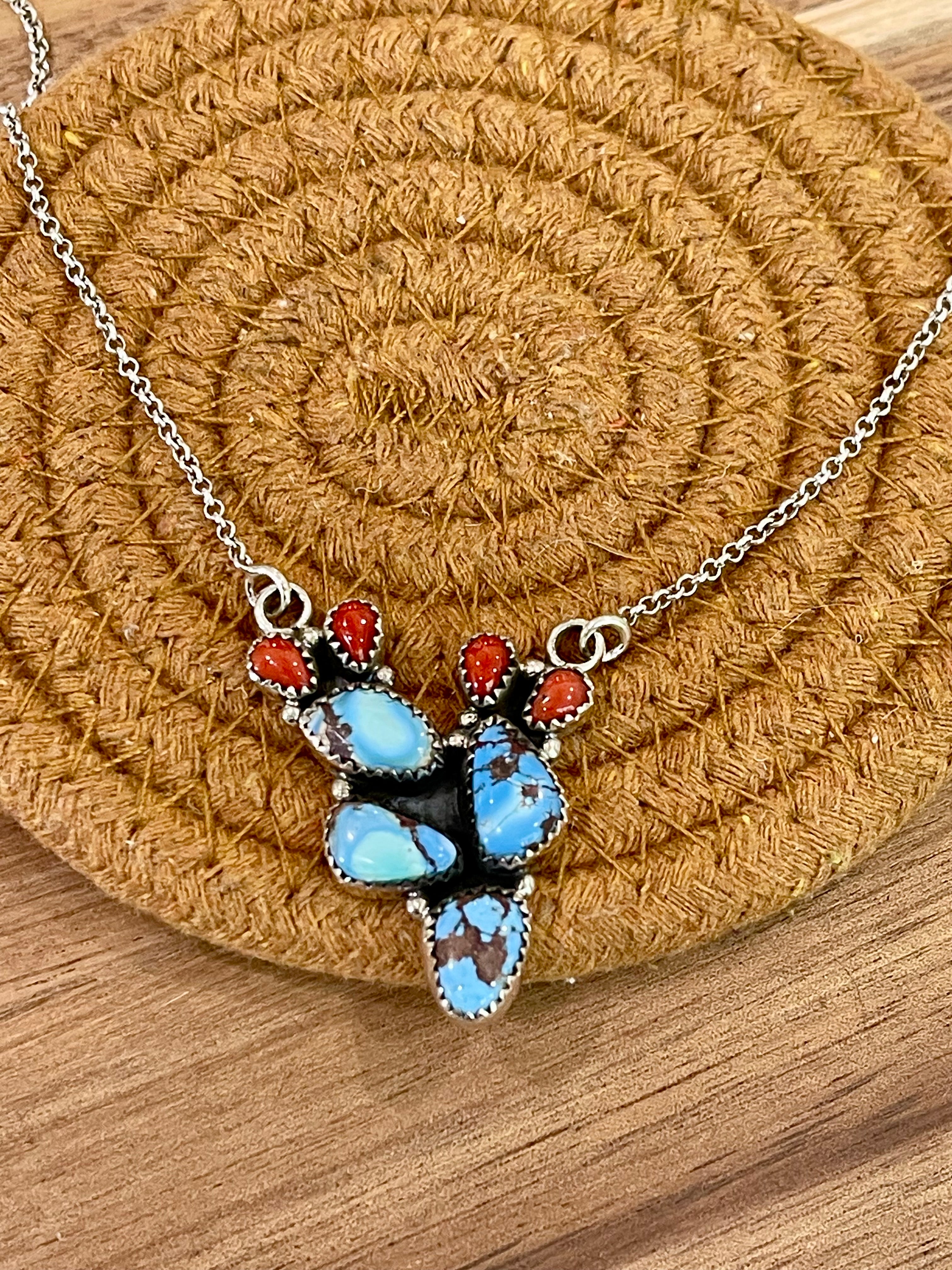 Handmade Sterling Silver, Golden Hills Turquoise & Coral Necklace Signed Nizhoni