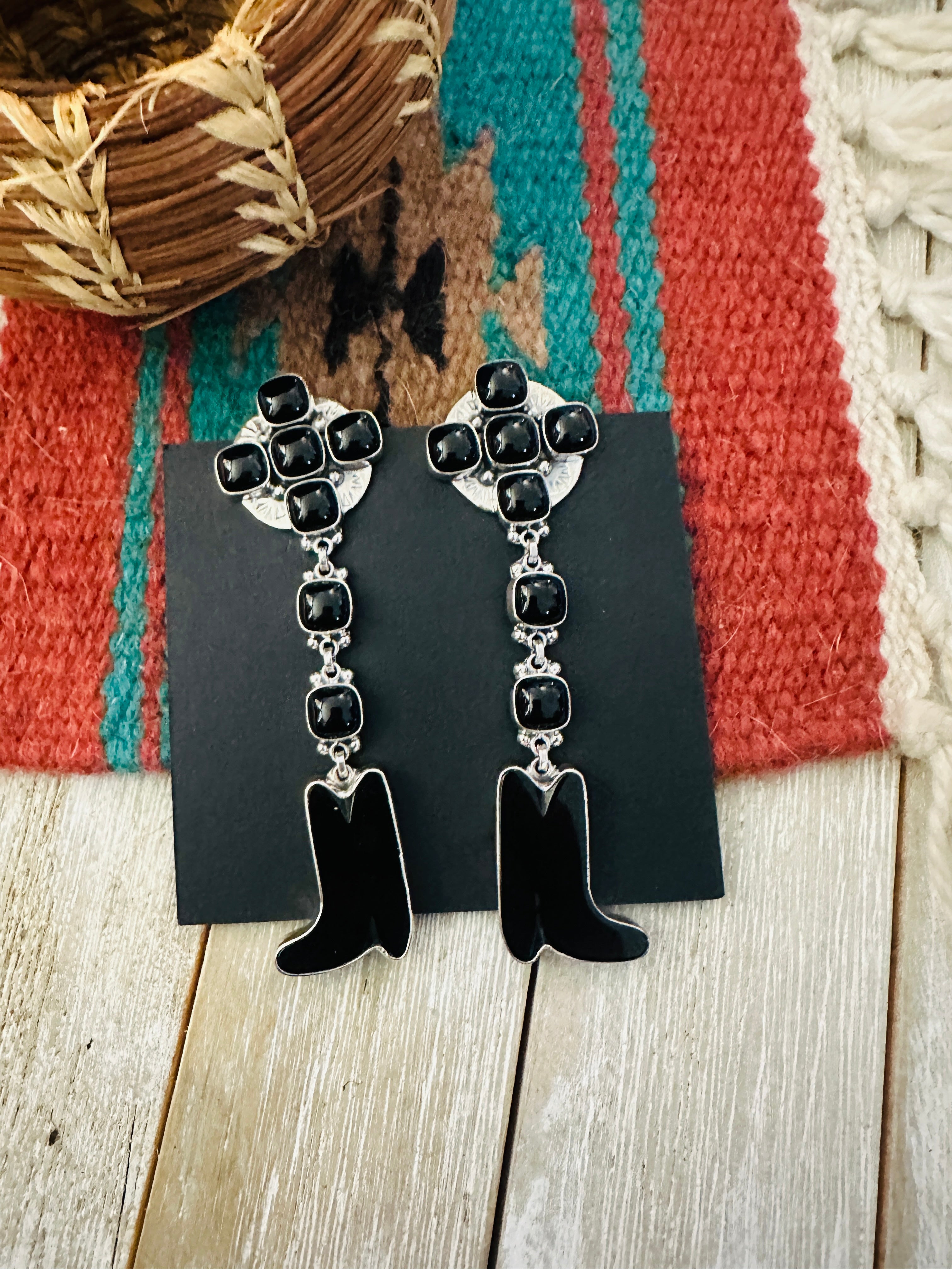 Handcrafted Onyx & Sterling Silver Cowboy Boot Dangle Earrings by Federico Jimenez