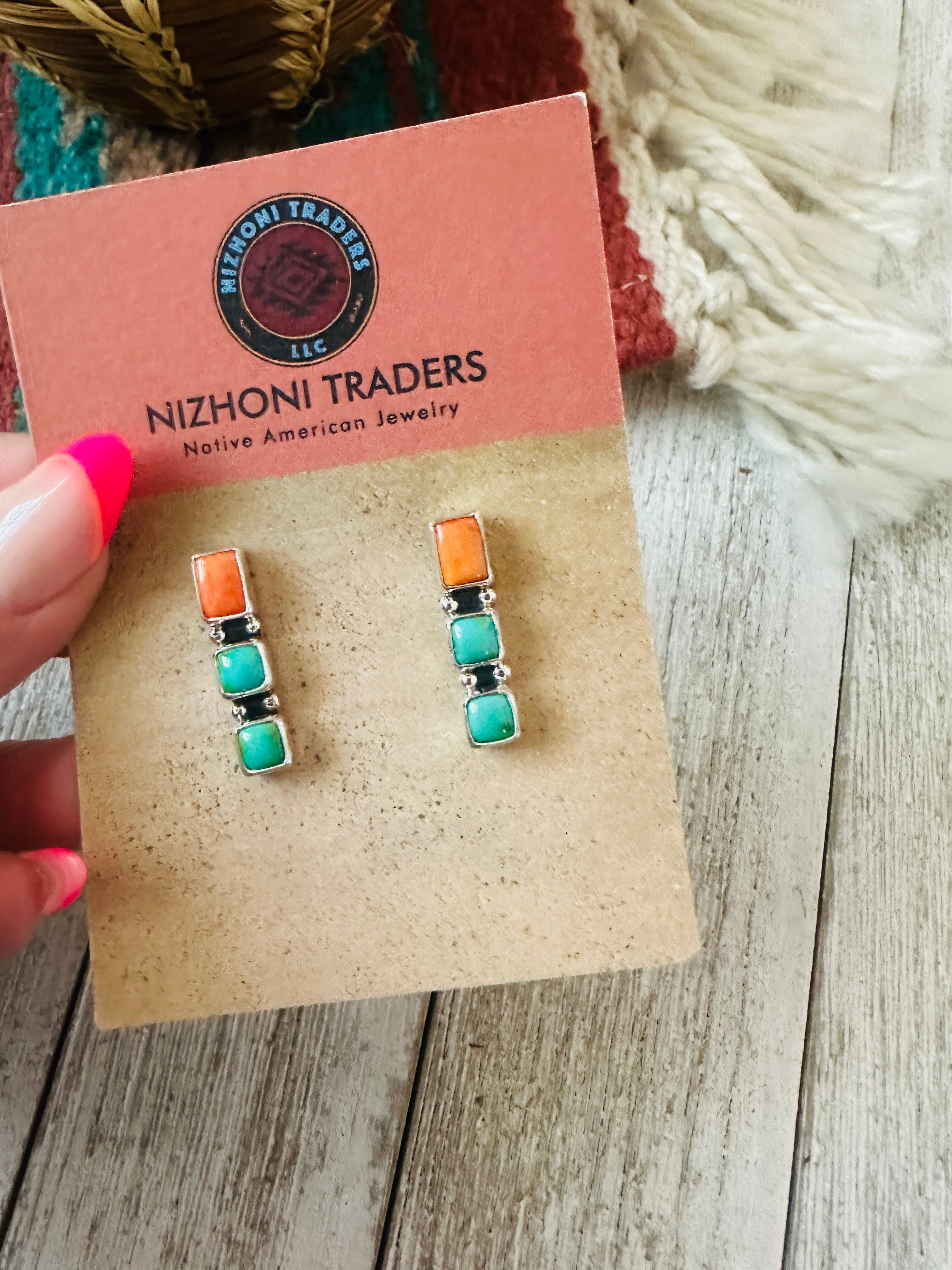 Handcrafted Sterling Silver, Spiny Oyster & Turquoise Post Earrings