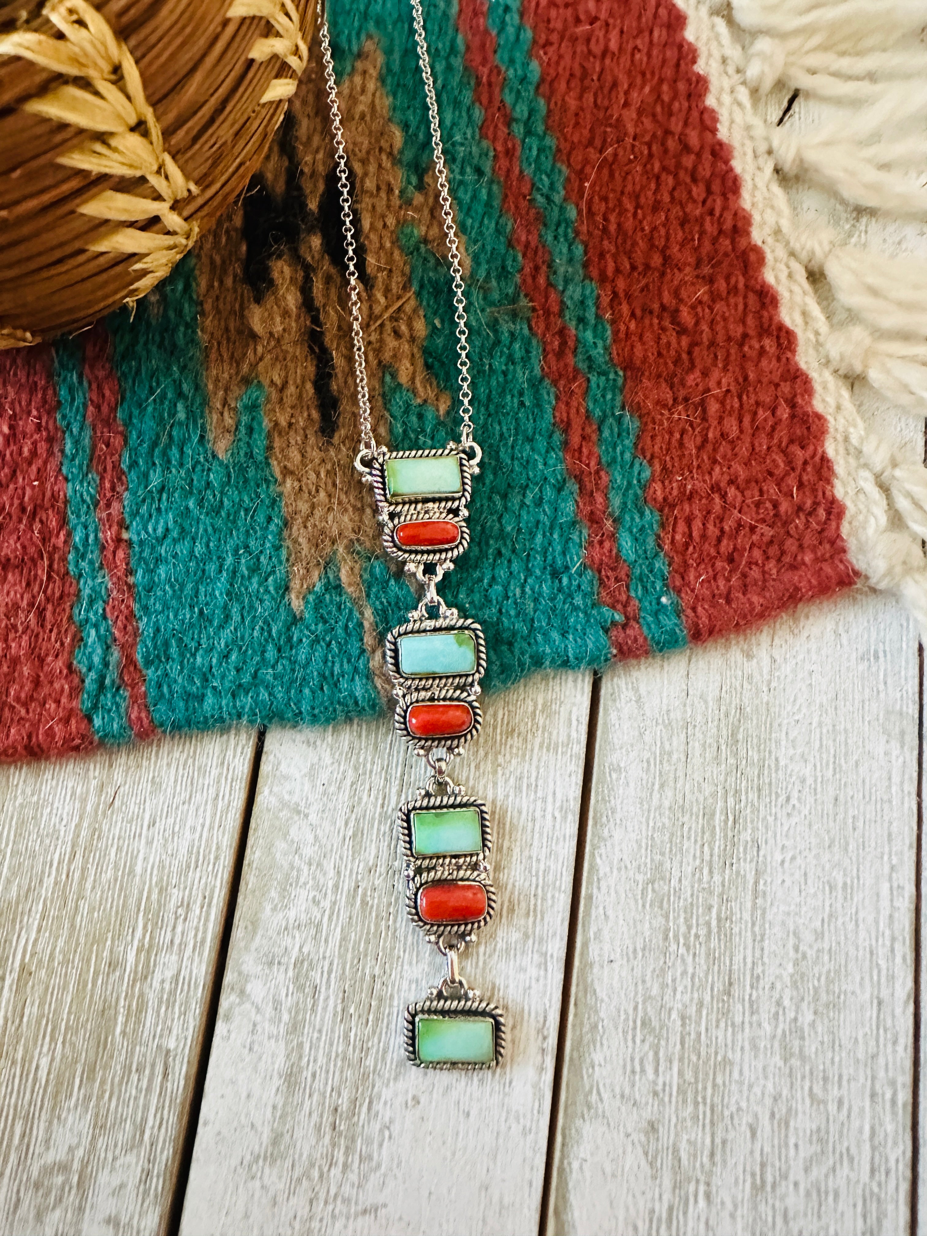 ** Christmas Collection ** Handmade Sterling Silver, Turquoise & Coral Necklace Signed Nizhoni